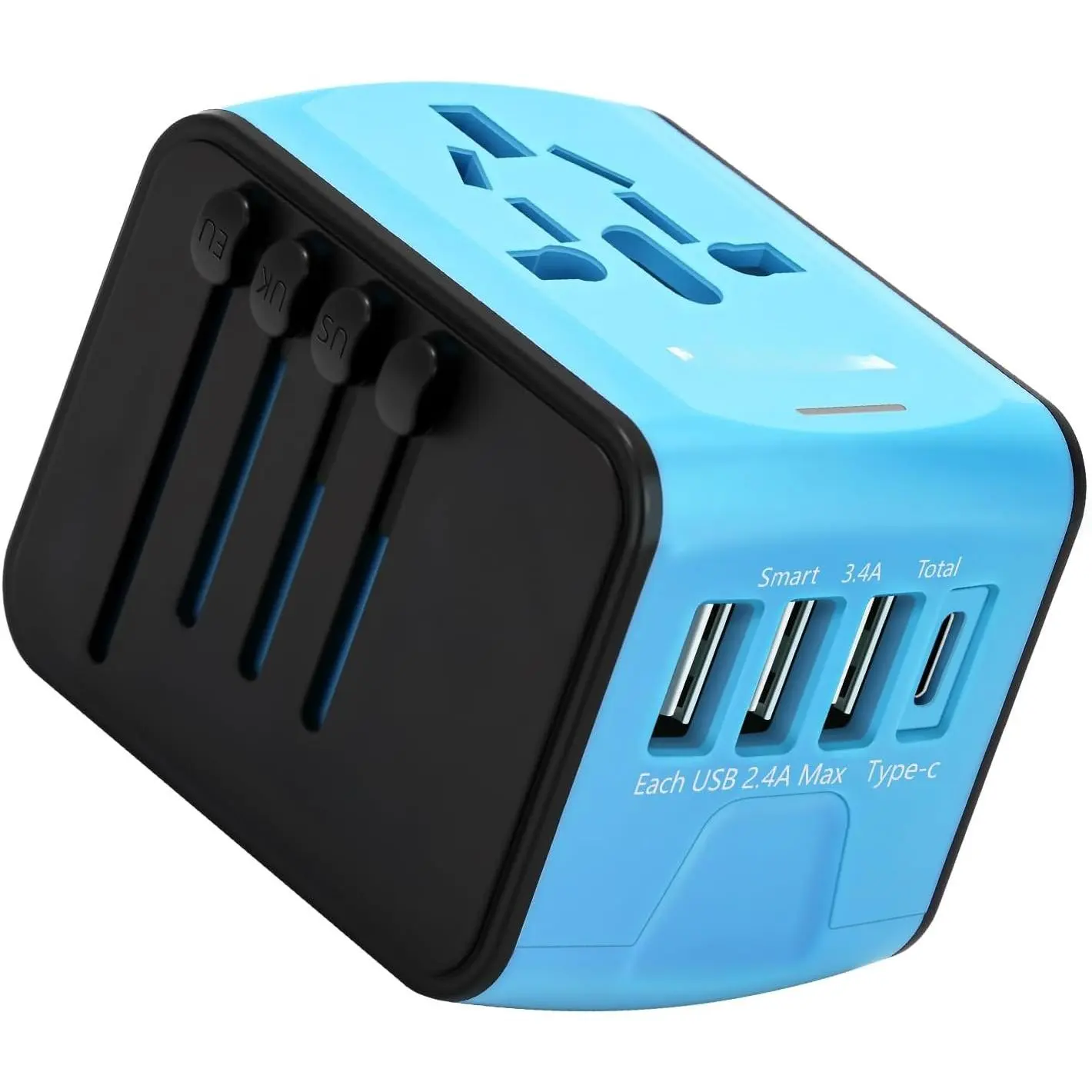 Travel Adapter,  International Power Adapter with 3USB Port and Type-C International Wall Charger Worldwide AC Power Plug for Multi-Nation Travel UK, EU, AU Over 200 Countries (Blue)