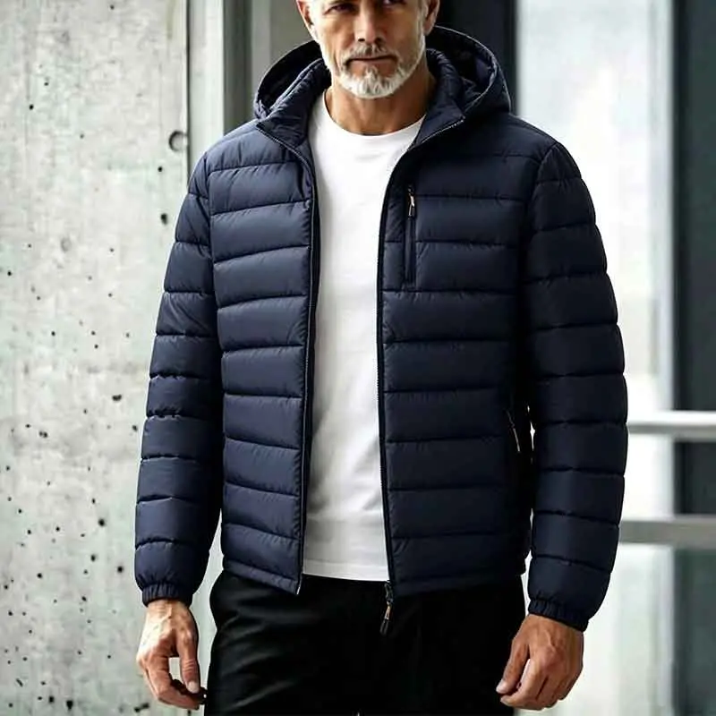 Men's Lightweight Puffer Jacket Hooded Quilted Bubble Coat Winter Warm Thermal Outerwear Windproof Packable Down Alternative Padded Insulated Pockets Full Zip Active Sportswear Traveling Hiking Everyday Basic Attire Mens Clothing Fashion Garments