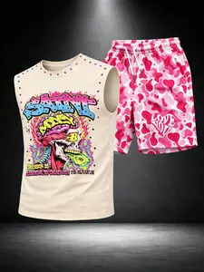 Men's Casual Rhinestone Top and Shorts Set, Creative Essential, Metal Stud Vest and Love Short Pants, Stylish and Comfortable