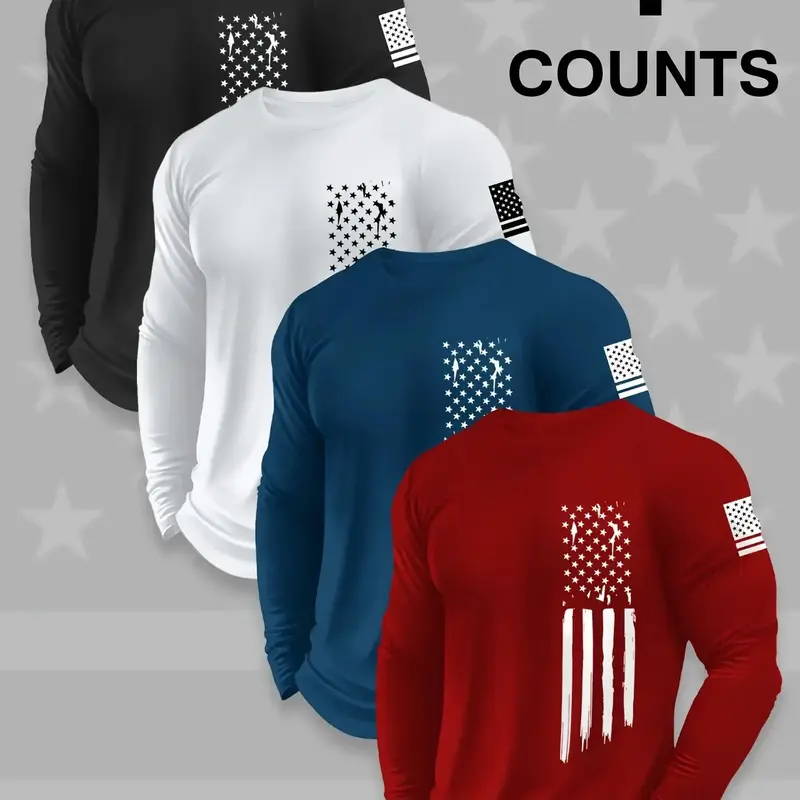 4-Pack Men's Long Sleeve T-Shirts, Usa Flag Design, Patriotic Shirt, Sporty Geometric Pattern, Fitted Style, Spring & Fall Wear
