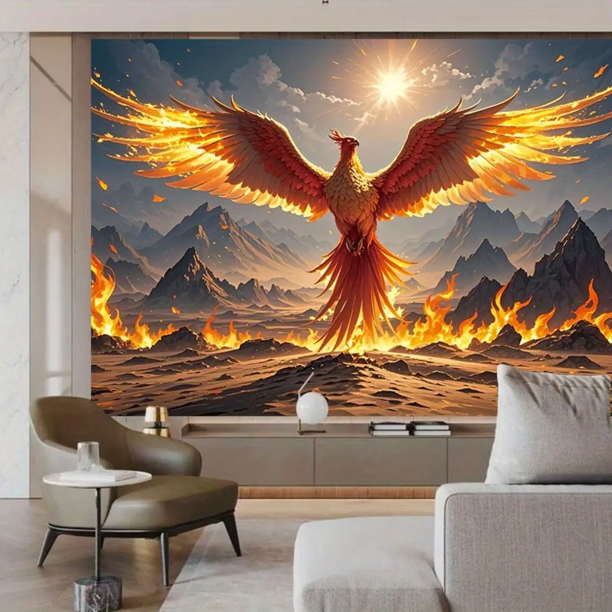Phoenix Flame Wall Tapestry Majestic Fiery Mountain Landscape with Golden Phoenix Rising, Durable for Game Rooms, Fantasy-Themed Decor, Birthdays, Christmas, Diwali, Valentine's