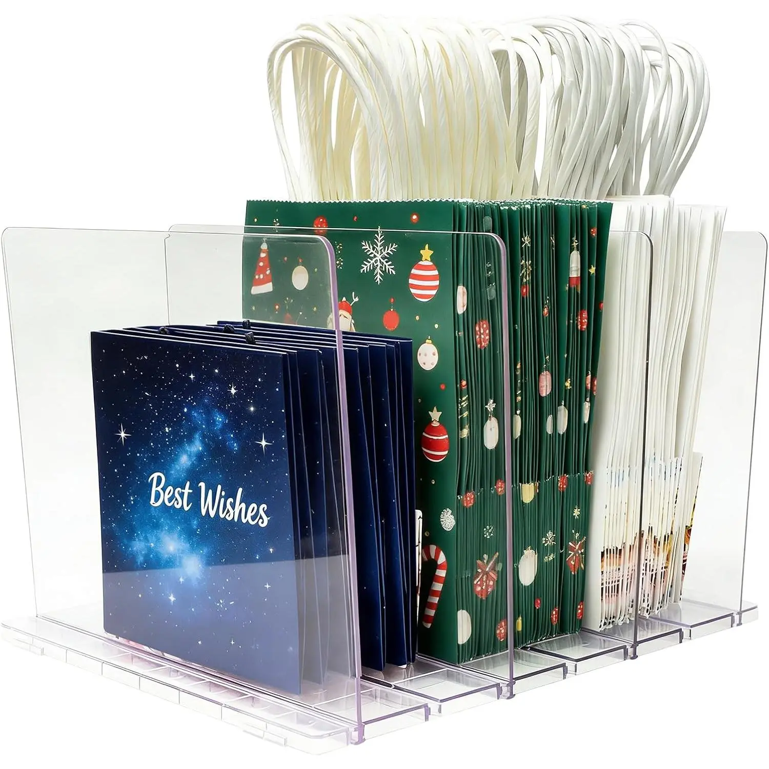 Bag Organizer - Clear  Storage Rack, Adjustable 4-Slot Shelf Divider to Tidy Shopping Bags,  for Closet, Shelf, and  Organization