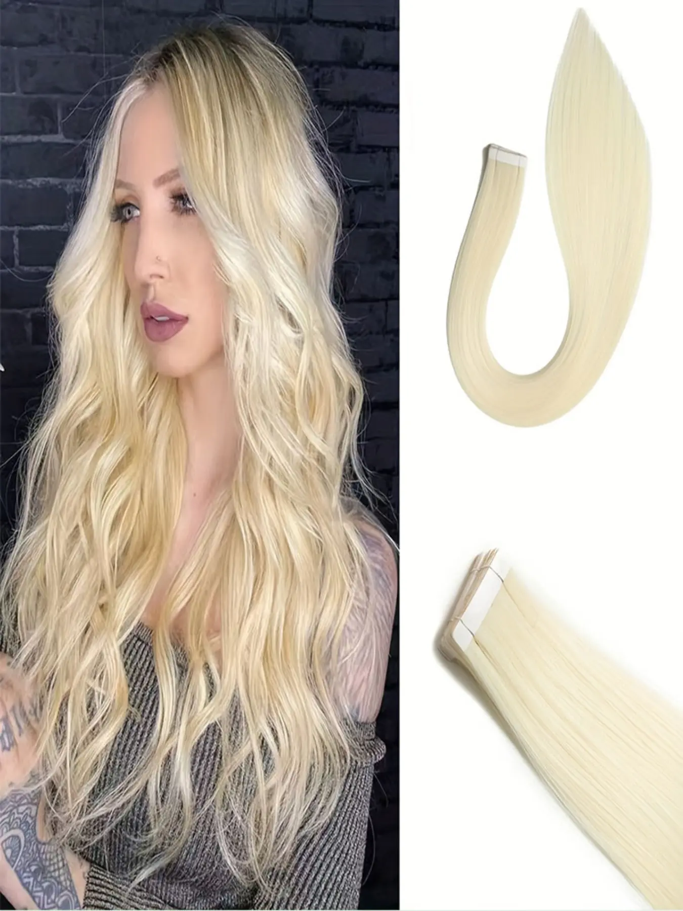10pcs Invisible PU Tape in Hair Extensions, Straight Synthetic Hair, 613 Color, 20 Inch Medium Length, 2.5g per pc,total 25g,Perfect for Parties, Holidays, Daily Use, Gifts for Women