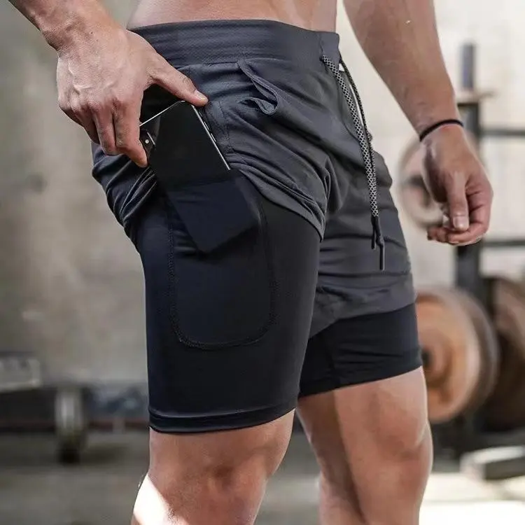 Men Double Layer Sports Shorts Breathable Quick Dry Summer Gym Workout Loose Athletic Running Training Shorts