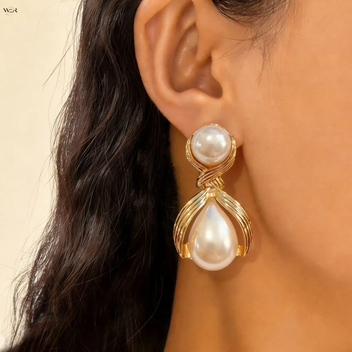 Vintage Wire Wrapped Teardrop Dangle Earrings for Women, 2 Color Faux Pearl/Black Onyx Two-Tier Drop Studs, 5cm Retro Gold Metal Elegant Wedding Party Statement Ear Jewelry
