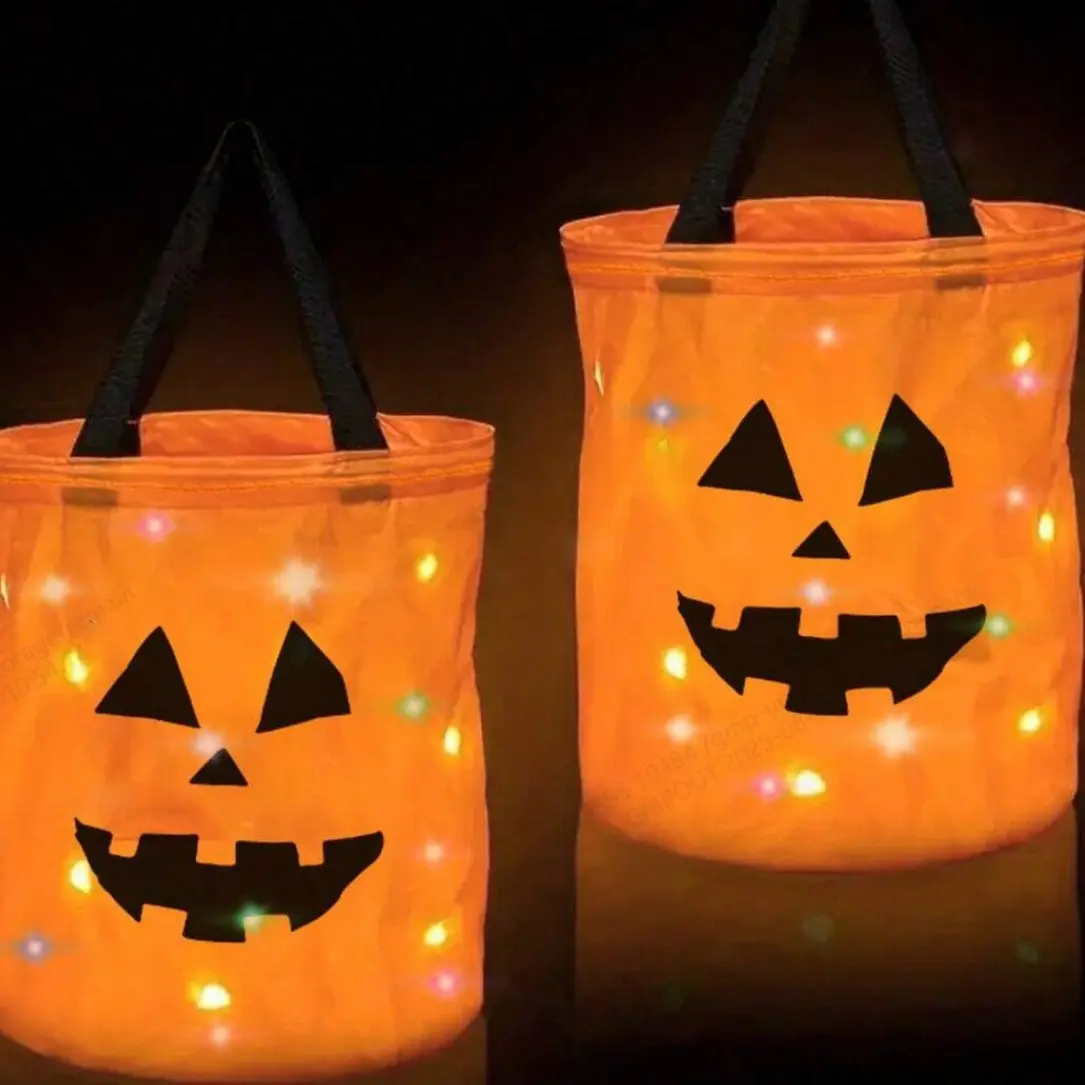 Jack-O'-Lantern Fabric Pumpkin Bucket with Double Handles, Unisex One Size Fits All Kids' Halloween Trick-or-Treat Accessory, Pumpkin Face Design, Compatible with LED Light T1/T5/T2, Party Decoration Supplies, Festival Decorations