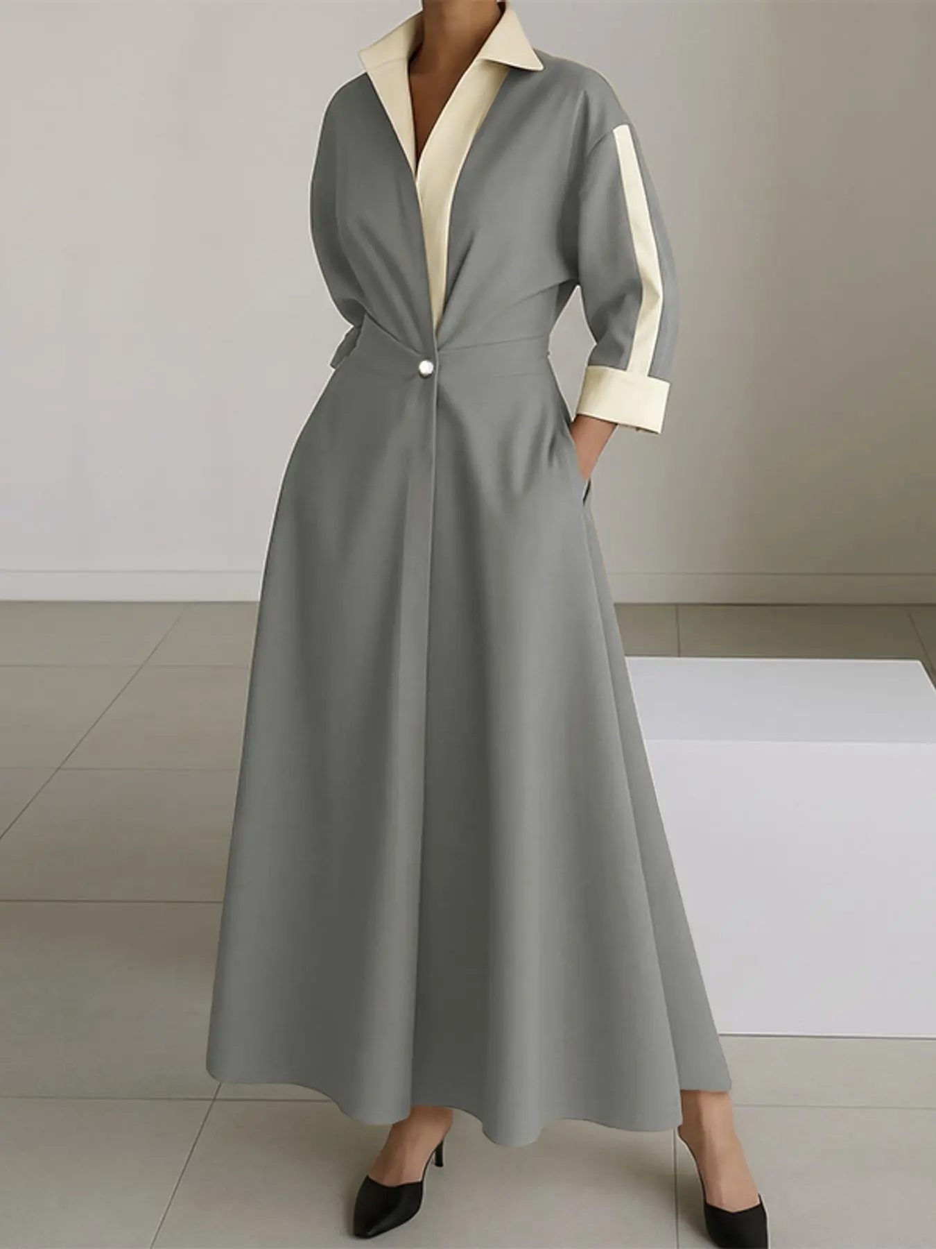 ZANZEA Women's Colorblock Lapel Collared Dress with Pockets, European and American Office Style, Long Slim-Fitting Short Sleeve Dress