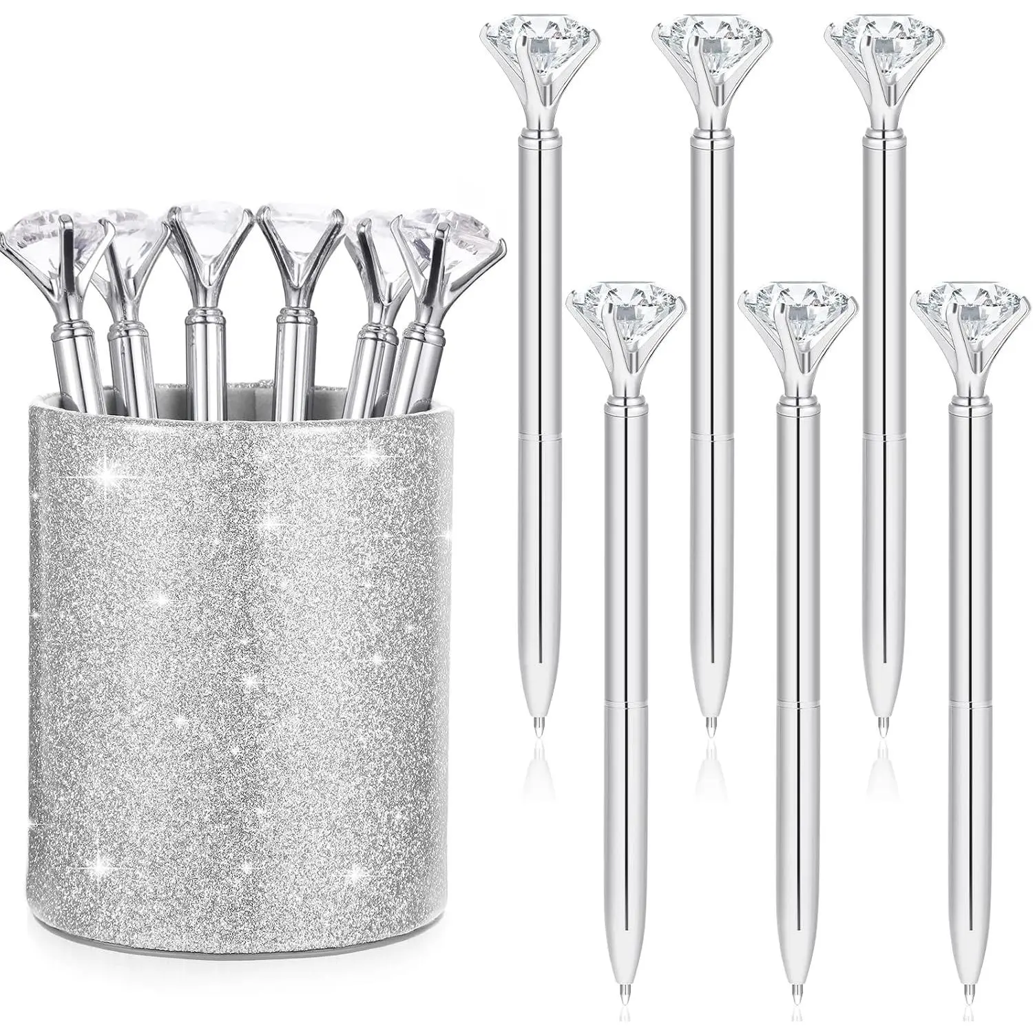 Glitter Finish Bling Top Multi-Use Cup Desk Organizer with 6 Bling Pens, PU Leather Pen Pencil Holder for Women, Ideal for Office Classroom Use
