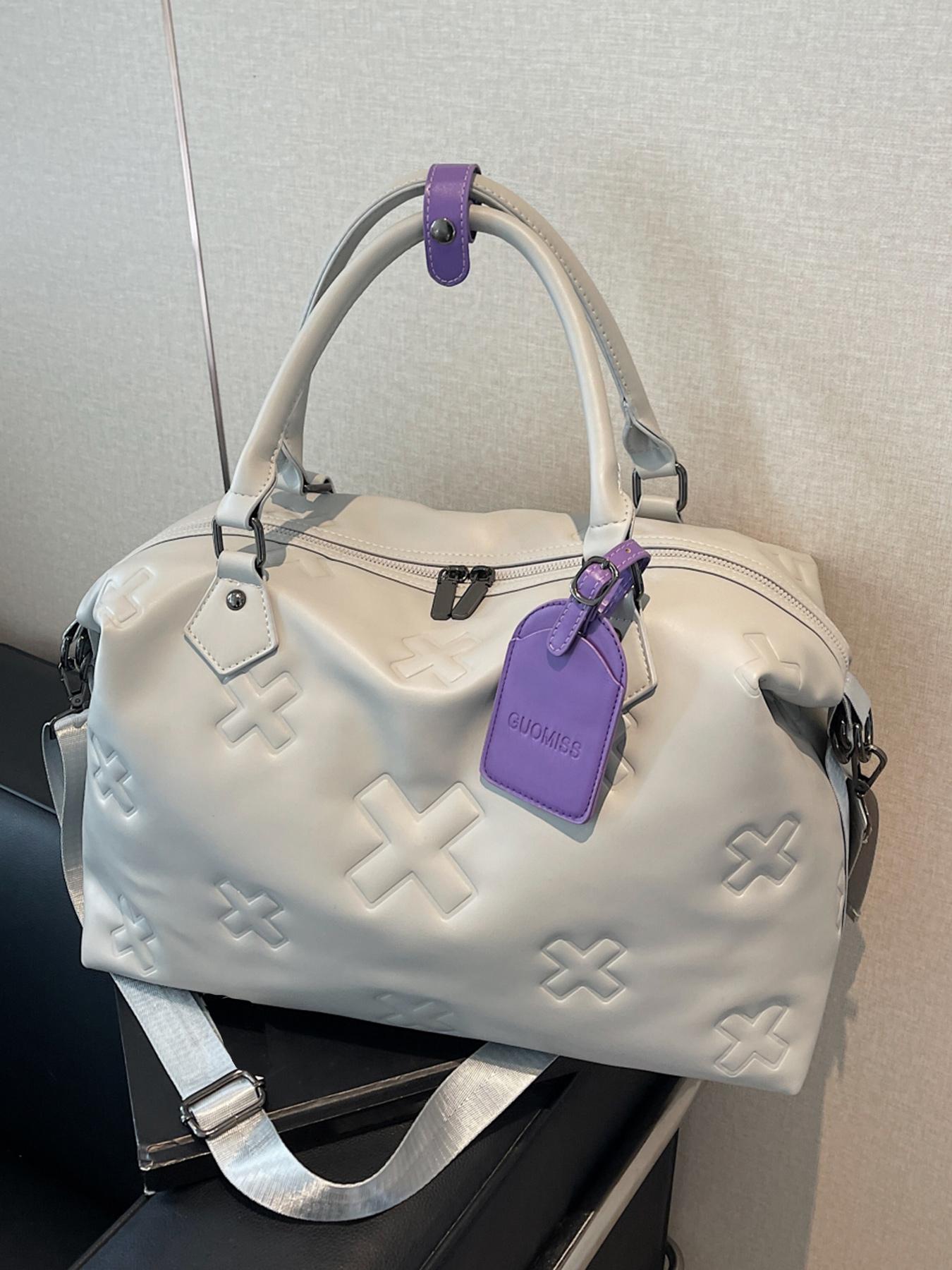 Cross Embossed Handbag, Contrasting Color Design, Portable Single-shoulder Commuting Large-capacity Boston Bag, Single-shoulder Crossbody Multi-purpose Commuter Bag, Suitable for Short-distance Travel, Sports and Fitness, Elegant Embossed Bag