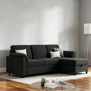 3-Seat L-Shaped Convertible Sectional Sofa, Soft Corduroy Small Couch with Removable Pillows & Movable Ottoman, Mid-Century Modern Minimalist Furniture for Living Room, Apartment & Office