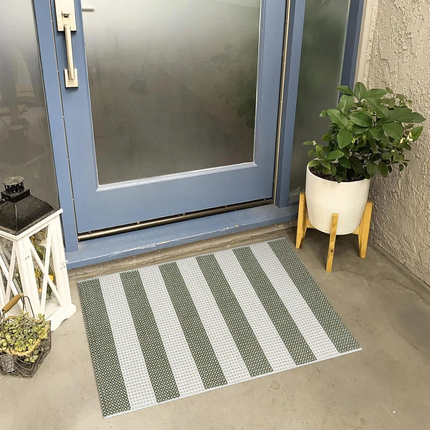 Green and White Striped Rug-2x3 Front Door Mat Outdoor,Washable Reversible Porch Rug  Hand-Woven Spring Doormat, Foldable Layered Door Mats for Entryway/
