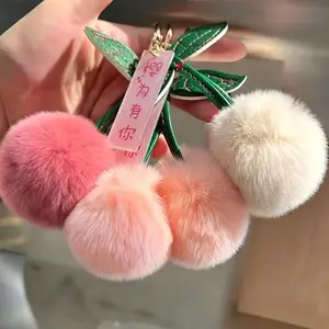Lightweight Fluffy Cherry Keychain Faux Rex Rabbit Fur Plush Pendant Cartoon Car Keyring Bag Charm for Women