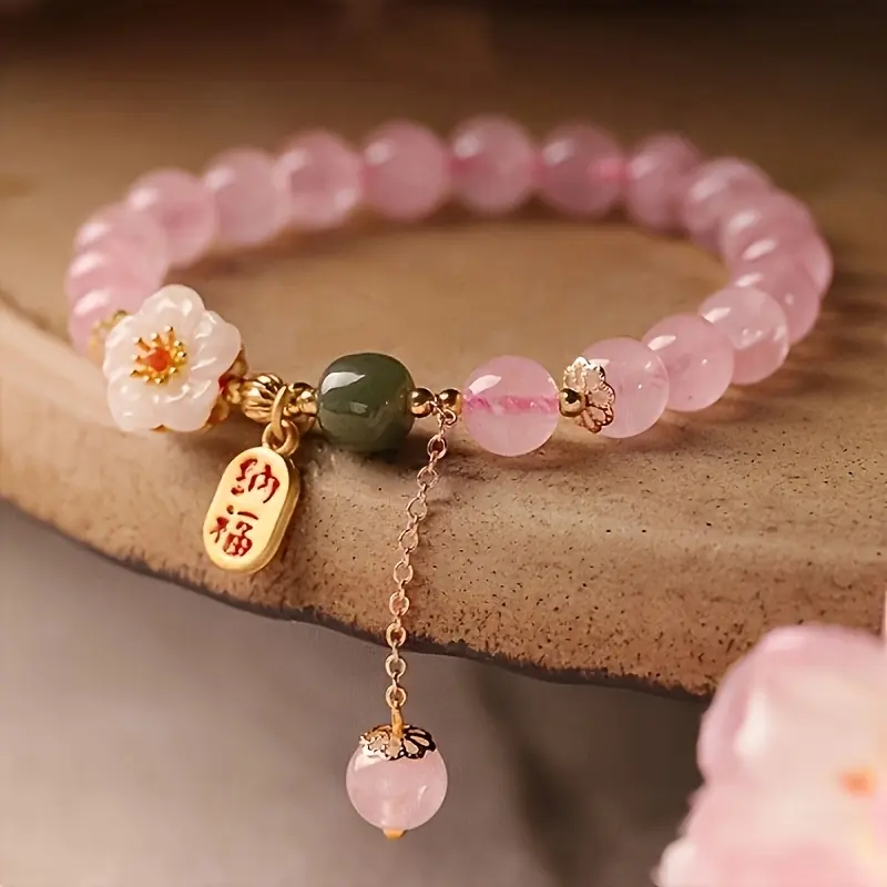 1pc Pink Cherry Blossom & Glass Bracelet - Elegant Spring Flower Gift, Birthday, Year-Round Wearable Glass Bracelet, for Teenager