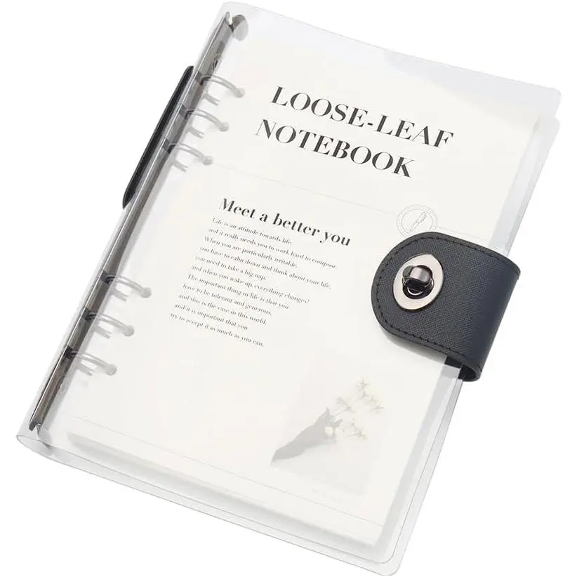 Clear A5 Refillable Notebook Binder with 90 Sheets Lined Paper Black 6-Ring Soft Transparent PVC Binder Cover Protector Shell Loose Leaf Journal Folders with PU Leather Lock Catch Closure