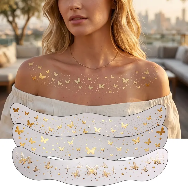 3 Sheets Golden Butterfly Collarbone Temporary Tattoos, Metallic Sparkly Chest Tattoo Stickers, Waterproof Long Lasting Body Art for Women, Summer Wedding Party Festival, Diy Tattoos