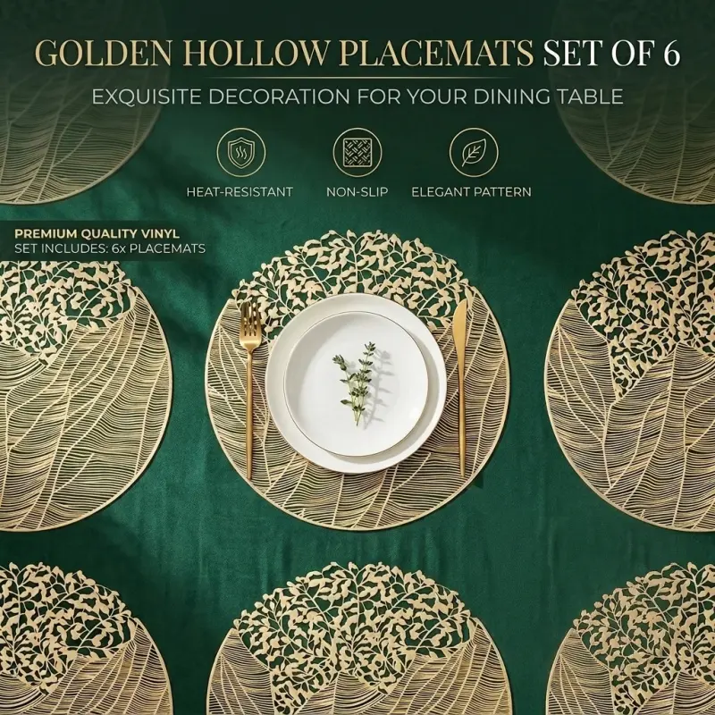 Golden Hollow Placemats Set of 6, Heat-Resistant Non-Slip Vinyl Table Mats with Elegant Leaf Pattern, Exquisite Decorative Placemats for Dining Table & Home Decor, Tableware