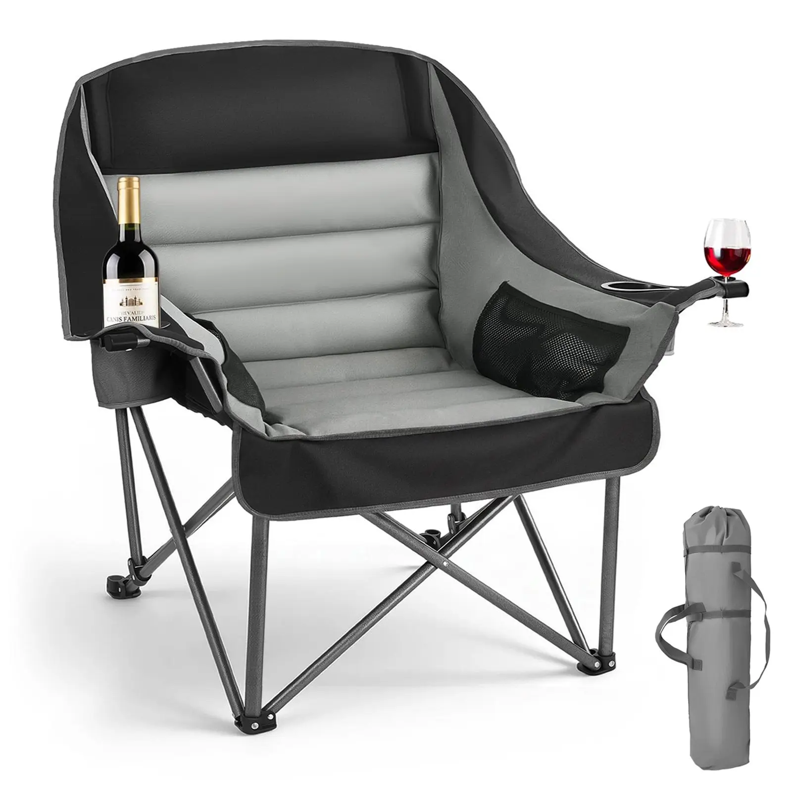 VEVOR Oversized Camping Chairs, 450 lbs Heavy Duty Support, Portable Padded Folding Camp Chairs with Dual Cup Holders Wine Glass Holders, Carry Bag for Outdoor, Fishing, Black Gray, 1 Pack