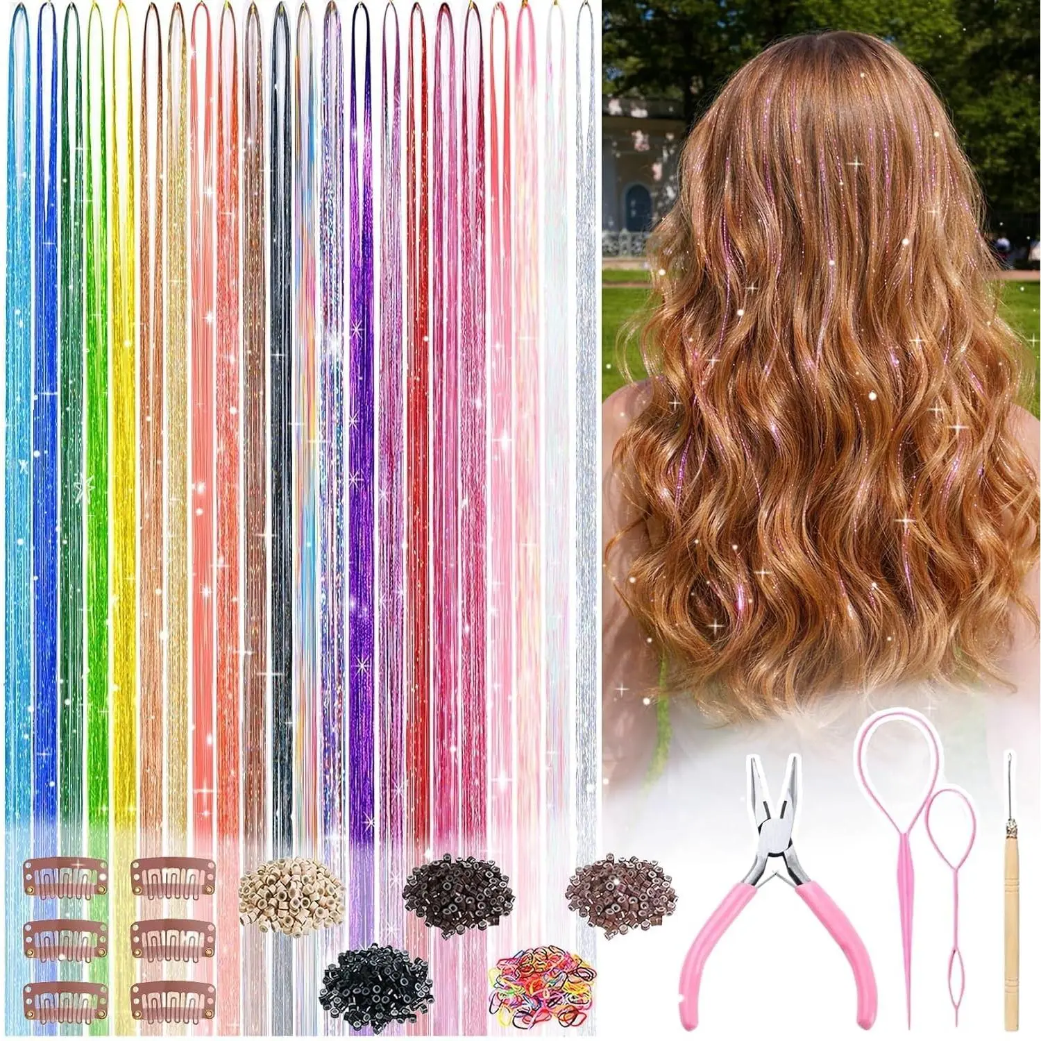Hair Tinsel, 22 Colors Fairy Hair Tinsel Kit for Girls Women 48 Inch 8800 Strands with Tools Hair Accessories Glitter Tinsel Hair Extensions for Party Festival Christmas (22 Colors Hair Tinsel Kit)