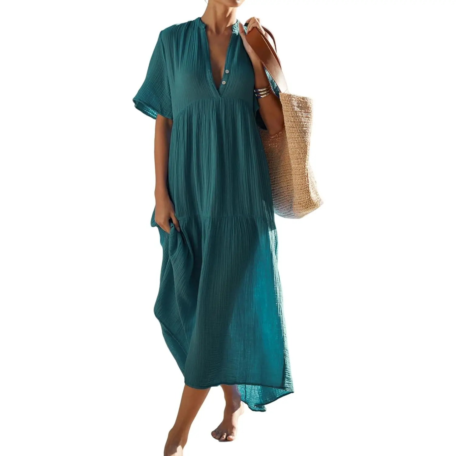 Women's Summer Cotton Flowy Long Length Maxi Dress - Short Sleeve, V-Neck, Empire Waist, Boho Tiered Ruffles, Loose Cut Casual Wear