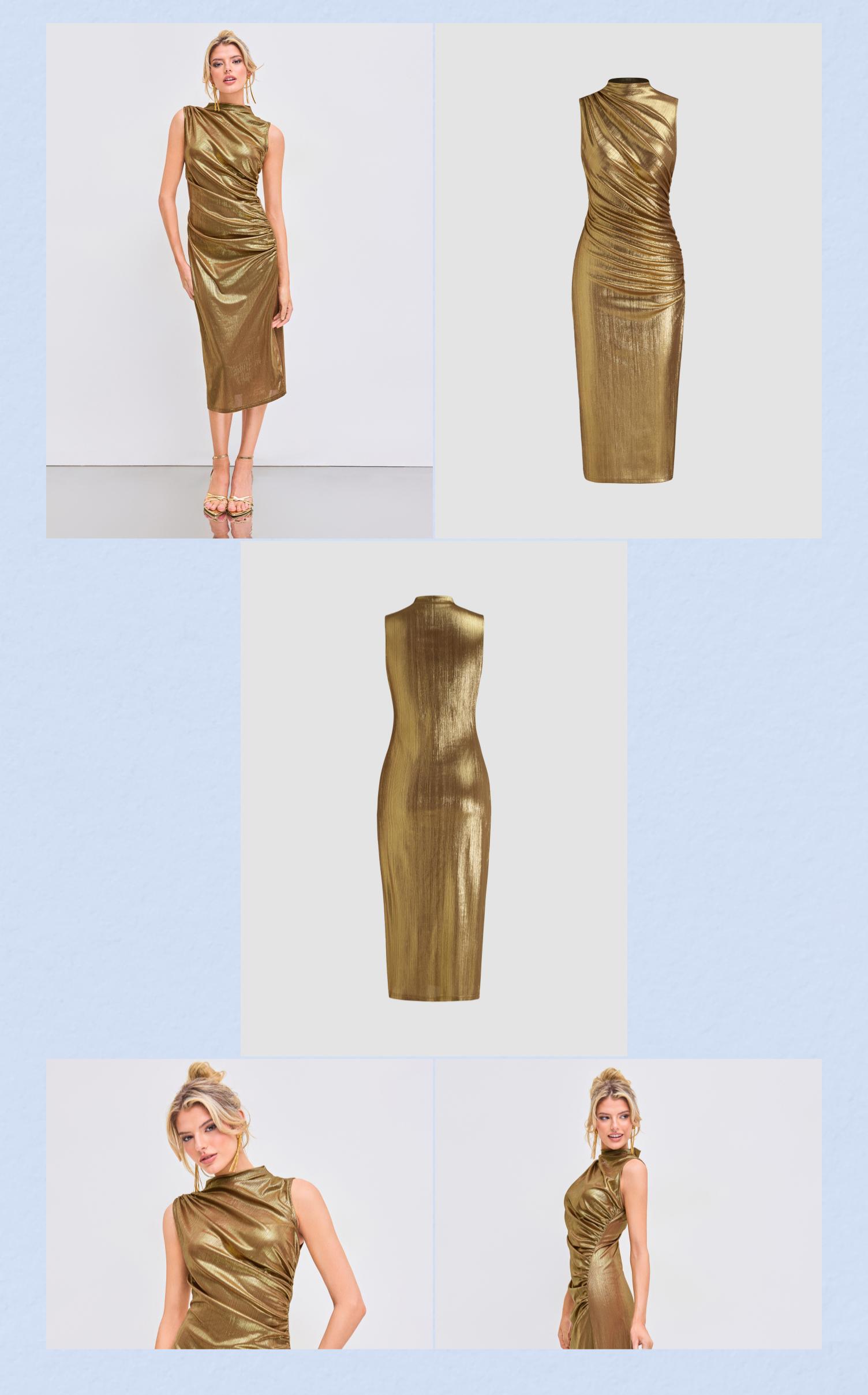 Women's Metallic Stand Collar Solid Ruched Midi Dress, 3 Colors, Size Range 0-26