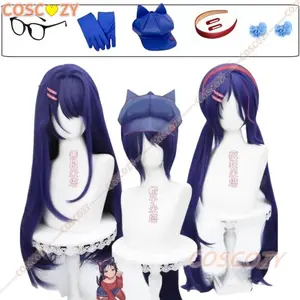 Mita Мита Cosplay Wig MiSide Crazy RolePlay Wig 40-100cm Dark Purple Hair Glasses Hairclips Hat Comic Con Party Wig+Wig Cap Prop