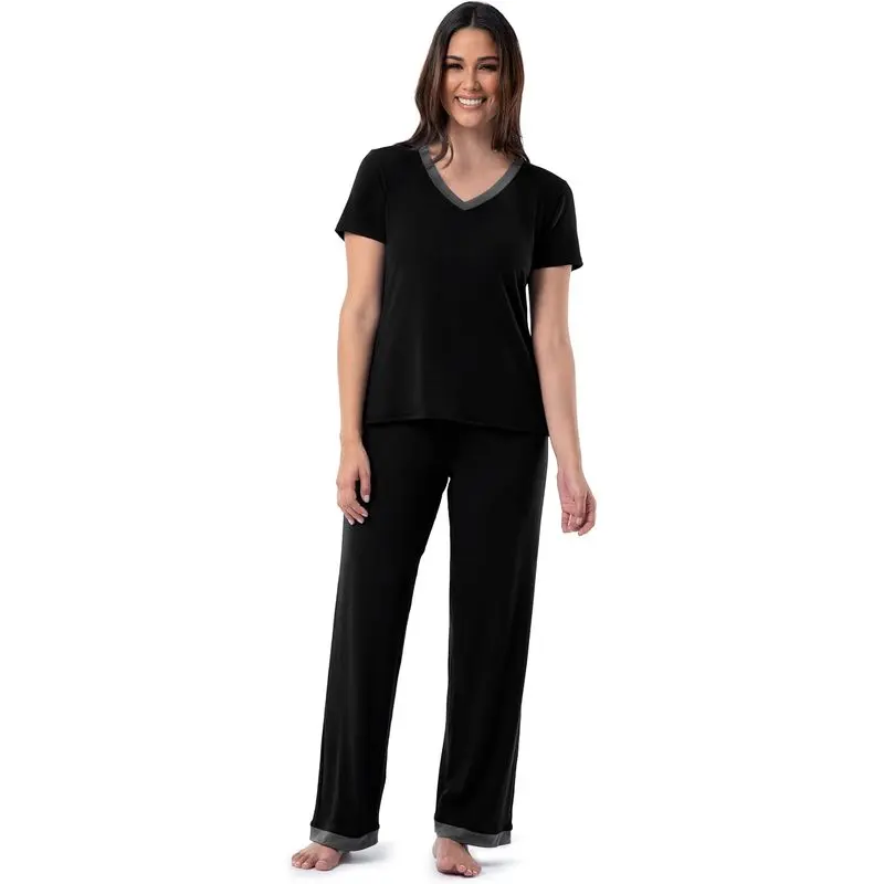 Women's 2-Piece Sleep Set, Soft Breathable Jersey Pajamas with a V-Neck Short Sleeve Tee and Pants, Basic Nightwear, Shortsleeve