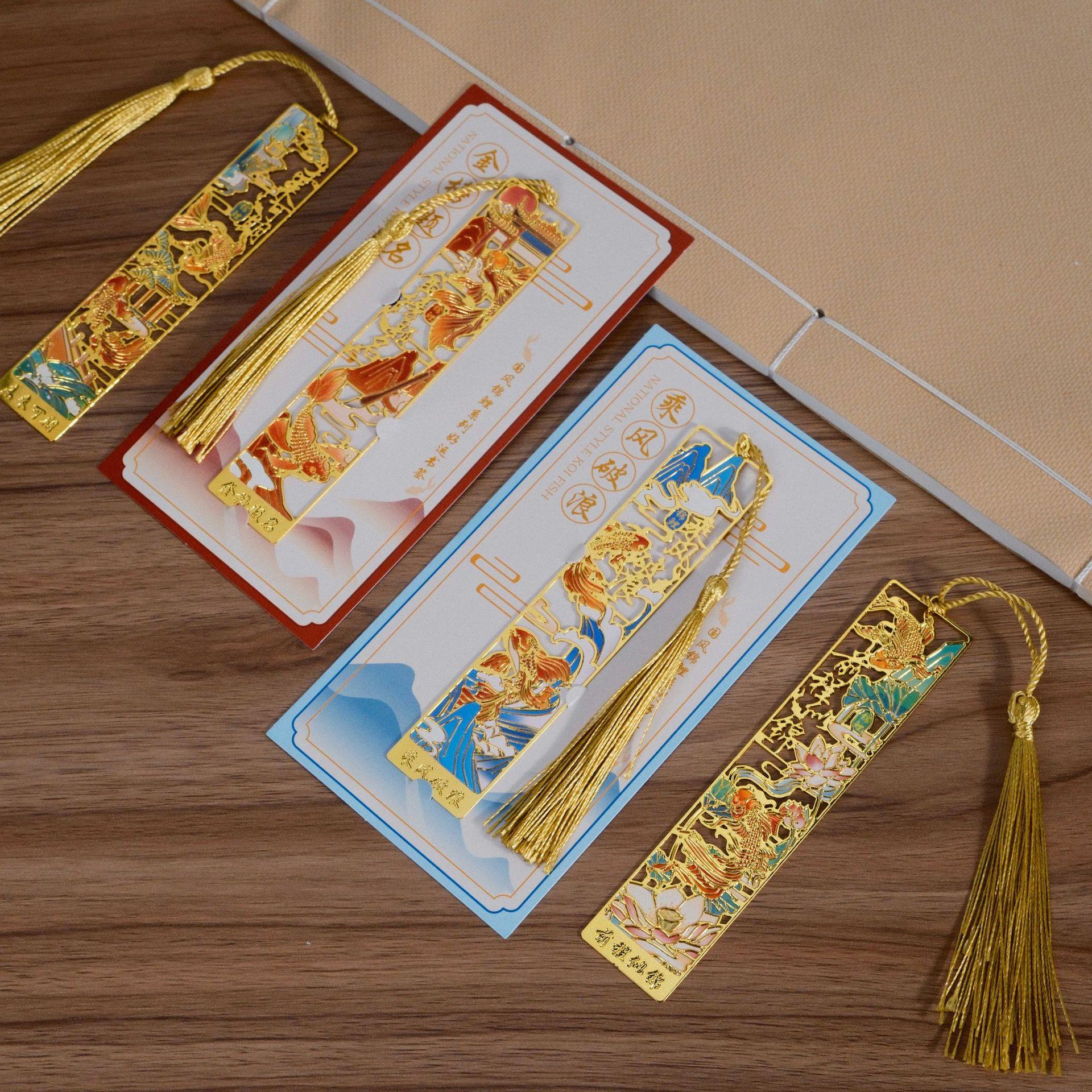 4 Pieces Metal Bookmarks with Tassel, Golden Hollow Bookmark Oil Painting Theme Book Mark Bookmarks for Book Lovers Writers Readers Children Teens Men Women Adults