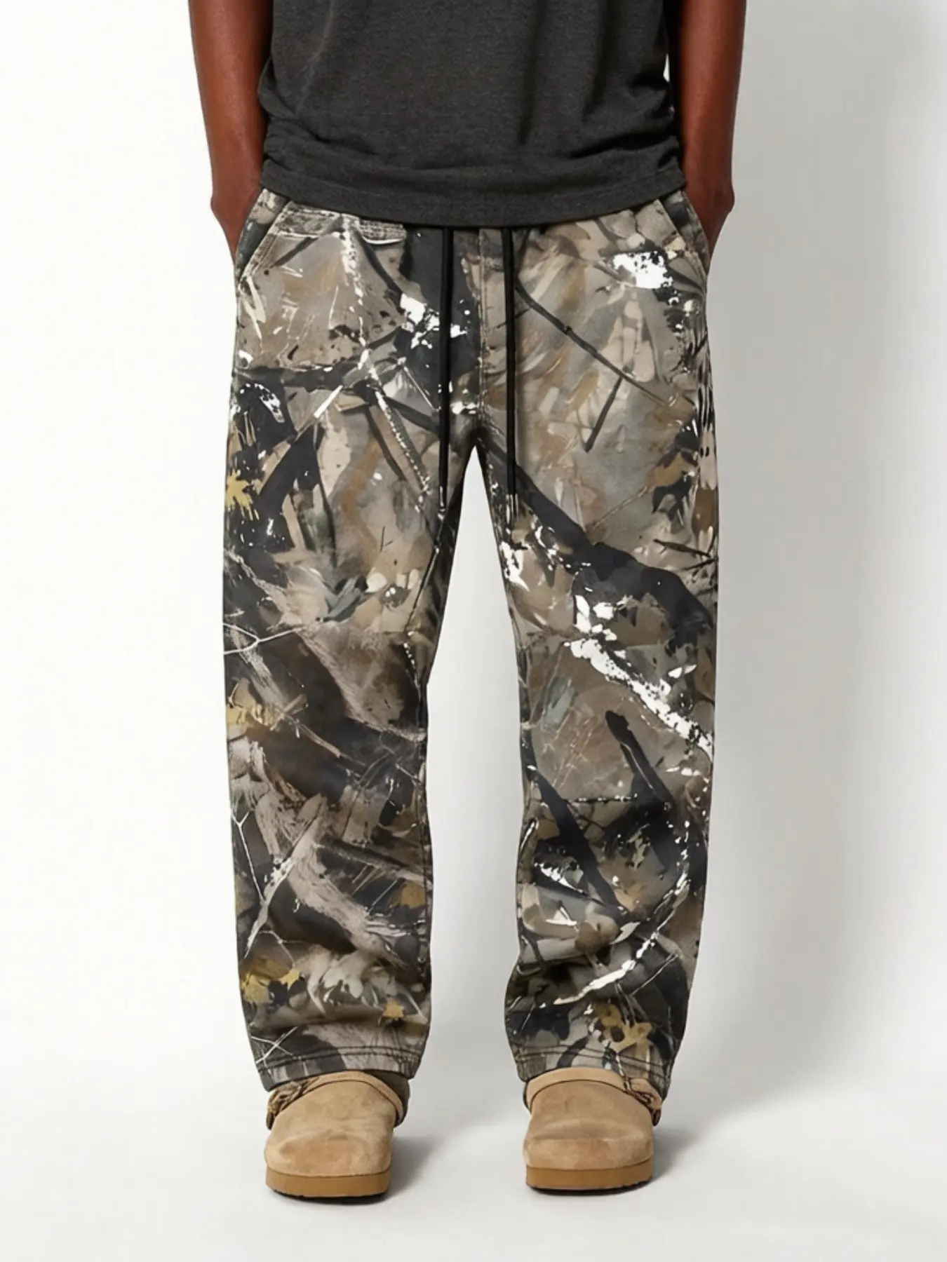 Vintage Camo Wide Leg Joggers, Elastic Waist Drawstring, Side Pockets, Streetwear Cargo Pants, Y2K Style, Hip Hop Urban Practical, Wide Leg Sweatpants