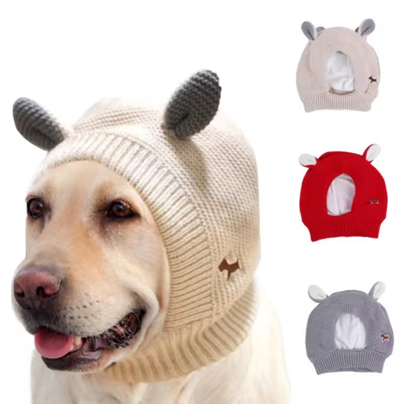 Noise Protection Knitted Dog Hat  Warm Winter Cap for Medium to Large Pets  Soft Ear Protection for Dogs & Cats  Cozy, Comfortable Headwear for Stress-Free Outdoor Adventures & Quiet Environments