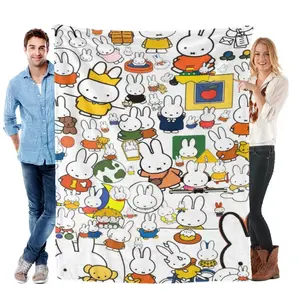 Cute Miffy Bunny All Over Cartoon Print Flannel Throw Blanket Baby blankets and adult blankets Soft Cozy Lightweight Fleece Blanket Aesthetic Kawaii Room Decor Blanket for Sofa Bed Couch Travel Perfect Holiday Birthday Christmas Valentine’s Day Gift