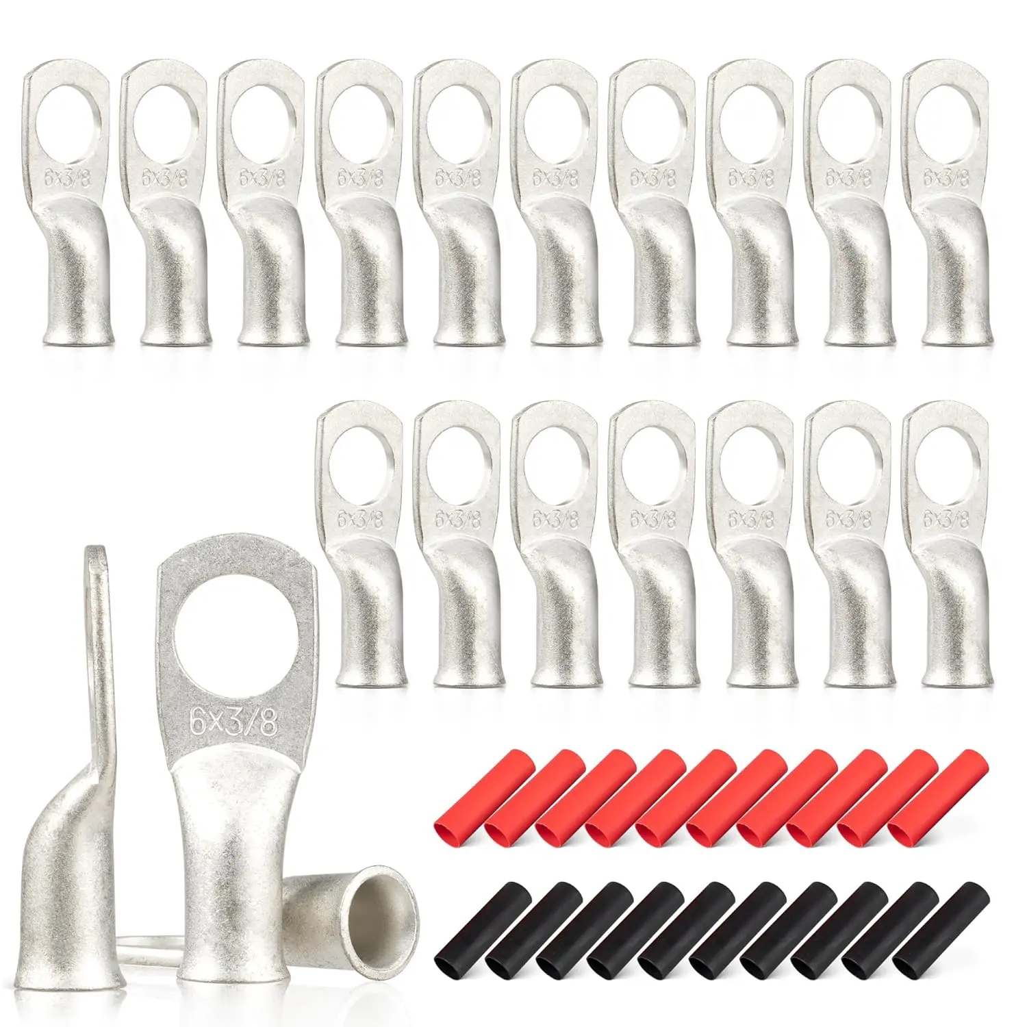 20PCS 6 AWG-3/8 Marine Grade Wire Lugs, Tinned Copper Ring Terminal Connectors Ends W/3:1 Dual Wall Adhesive Heat Shrink Tubing, Heavy Duty Anti-Rust Battery Cable Ends