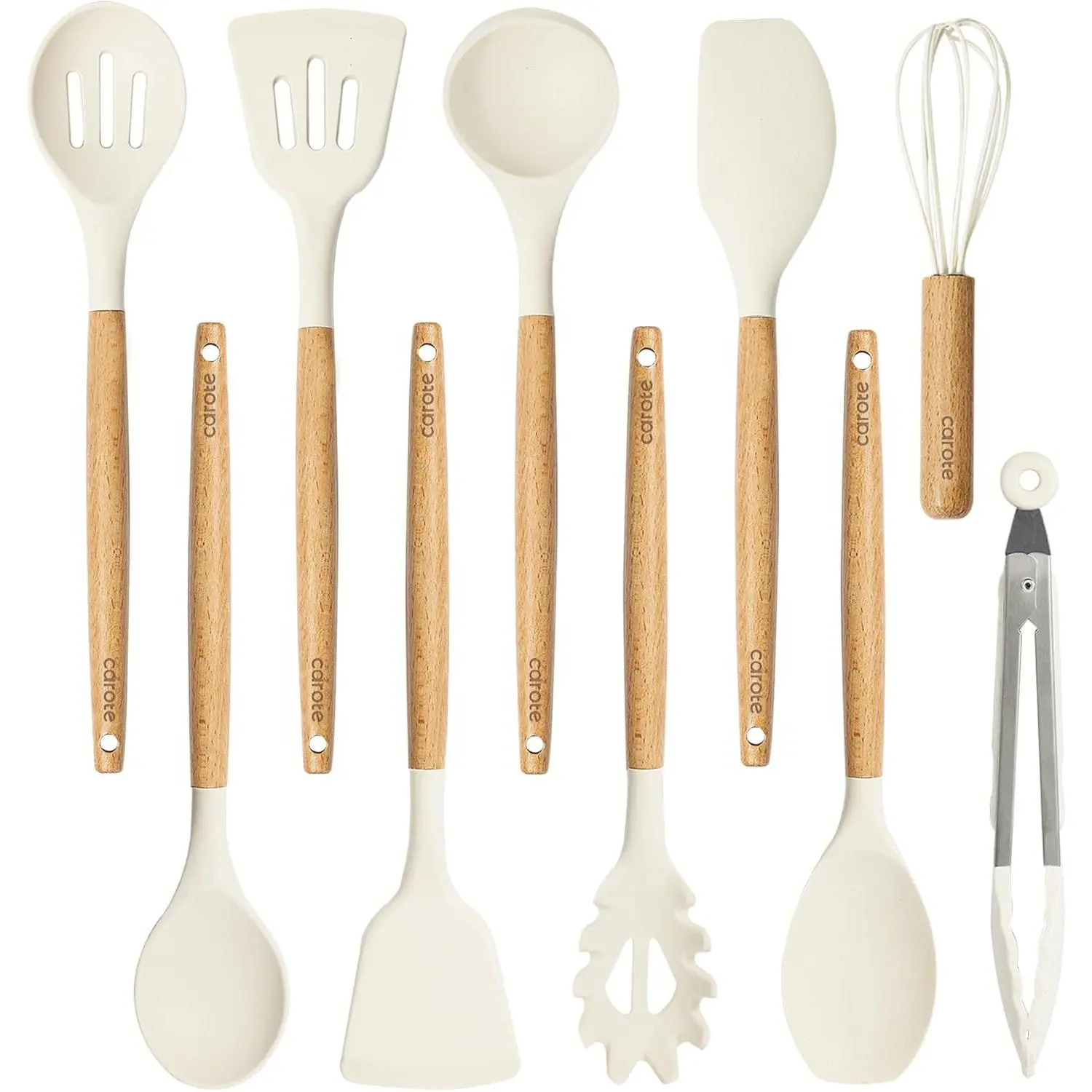 10-Piece Kitchen Utensils Set with Wood Cool-Touch Handles, Cream |   Silicone Cooking Utensil, Food Grade, Nonstick Cookware Friendly, BPA-Free, Heat-Resistant, Everyday Home Essentials, Gifts