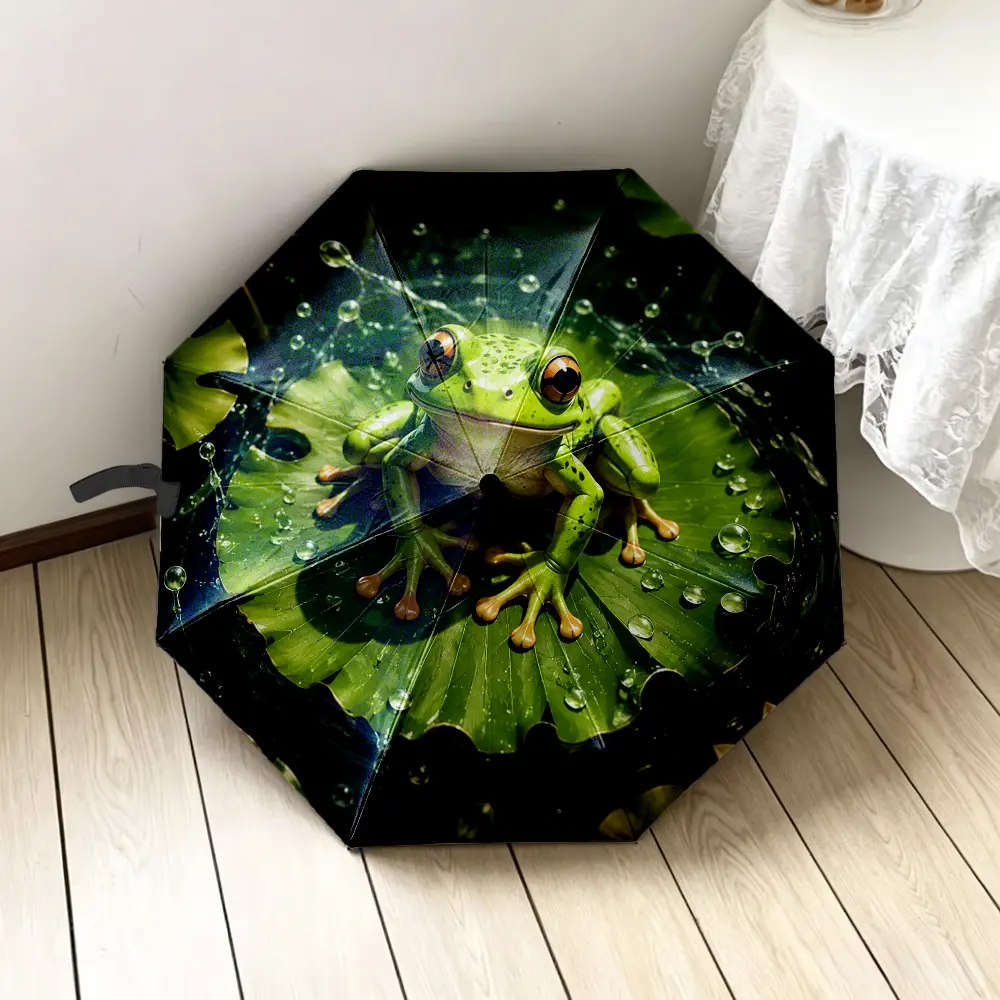 1PC Frog 2D Flat Printed Folding Umbrella, external printing optional, featuring lotus leaf and water drop patterns, ideal for daily use, travel, commuting, and outdoor activities