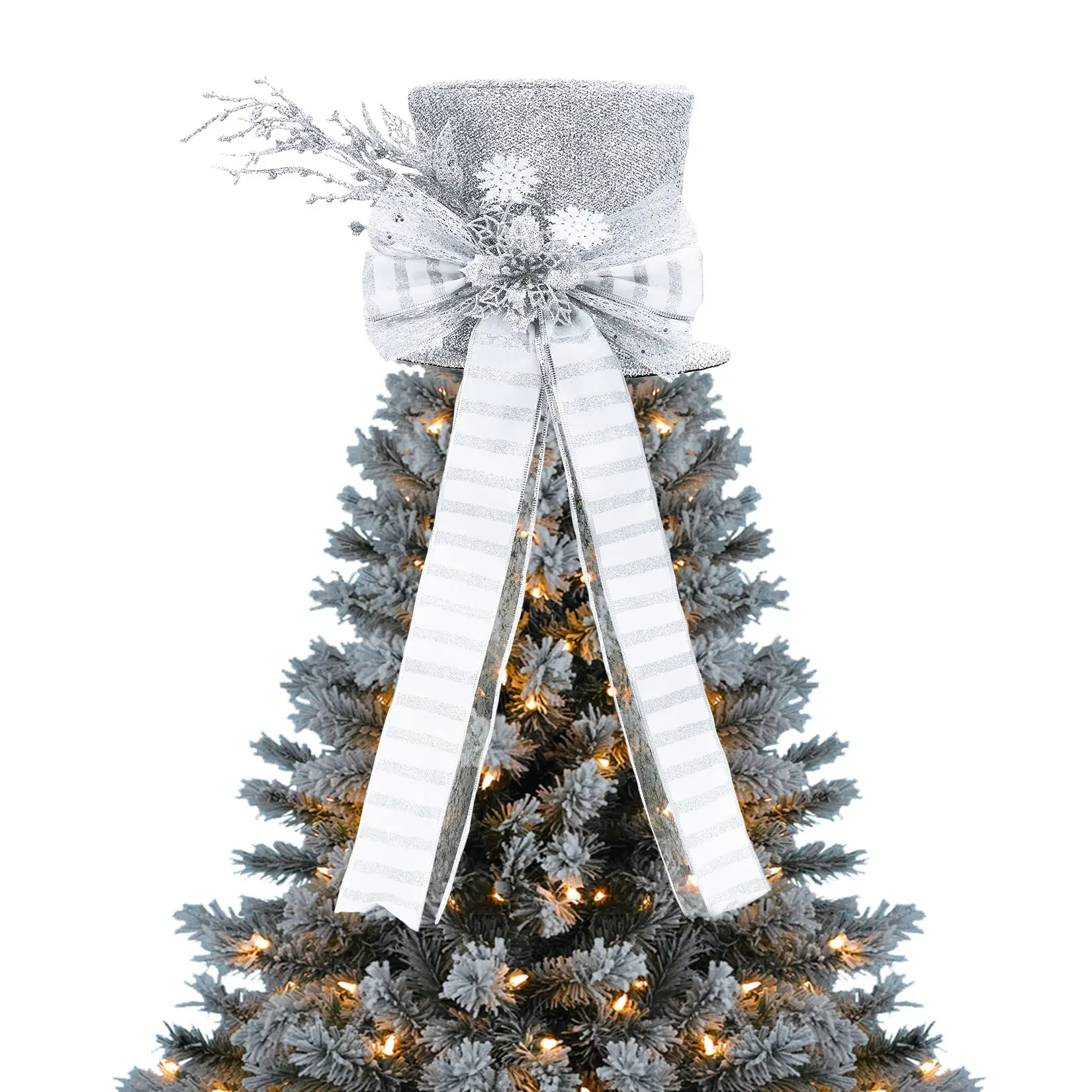 Christmas Tree Topper Bow, Glitter Sparkle Star Alternative. 9.8 Inch Large Bow with Spruce & Snowflakes. Stable Spring Base. For Xmas Tree, Wreath, Mantel. Blue, Silver, Gold, Pink, Beige. Holiday Decor