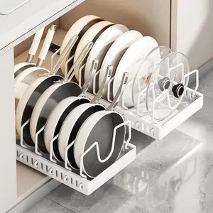 2 Pack Pull Out Pots and Pans Organizer for Cabinet & Countertop, Kitchen Cabinet Organizer with 8 Adjustable Dividers, Storage for Pot Lid, Dishes, Bakeware, White