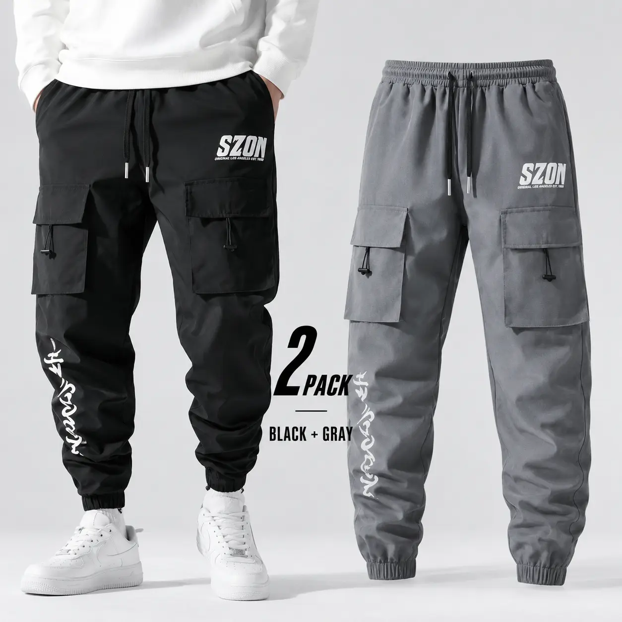 Men's 2-Piece Streetwear Jogger Set, Letter Print Loose-Fit Cargo Pants & Top with Drawstring Waist and Multiple Utility Pockets for Male Actives, 2 Pieces