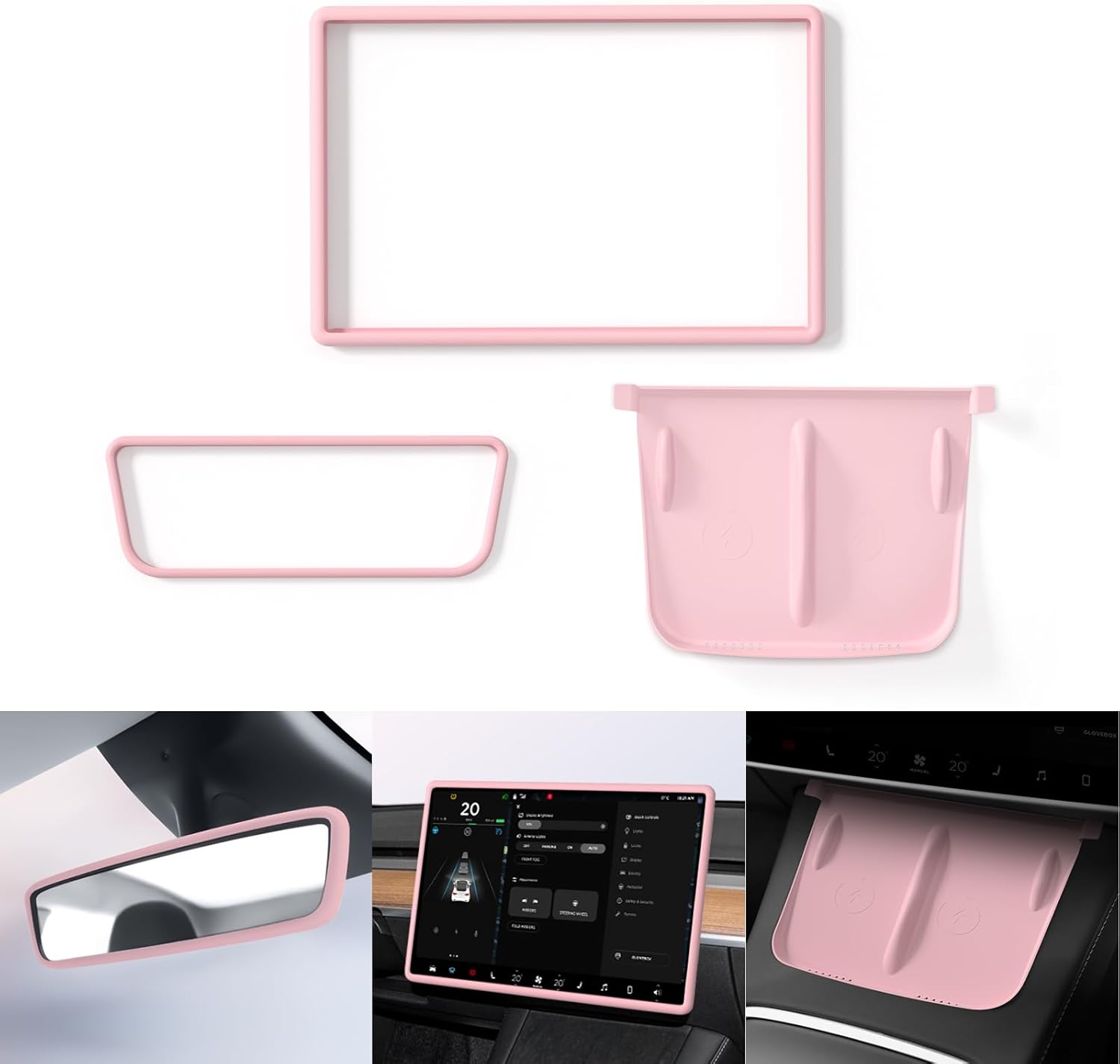 Center Console Wireless Charger Mat,Screen and Rearview Mirror Protector Frame,Anti-Slip Silicone Protector for Tesla 2021-2023 Model 3 and 2021-2025 Model Y Accessories(3 PCS Pink)