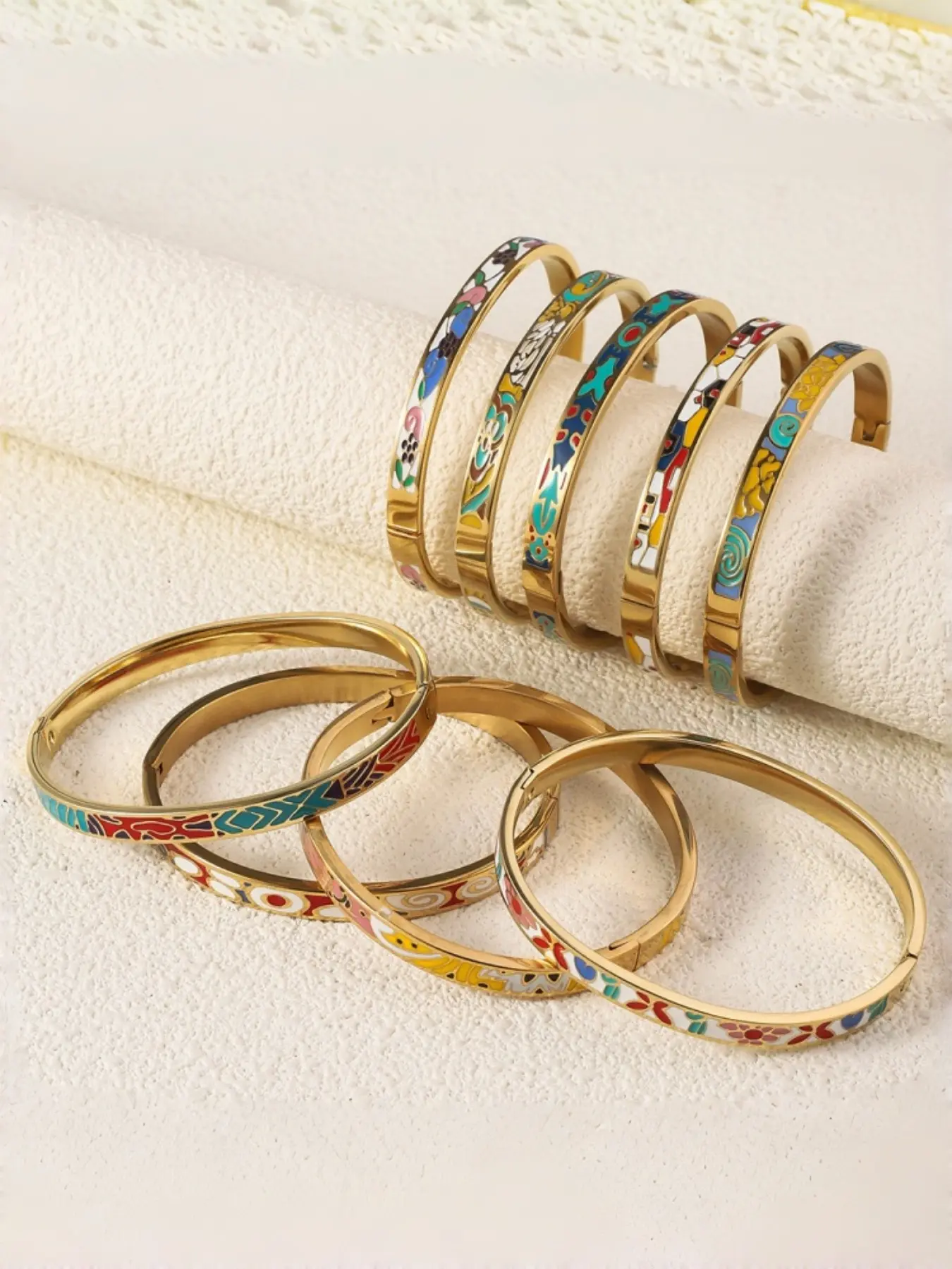 Vintage Cloisonné Enamel 18k Gold Plated Waterproof Titanium Steel Bangle, Colorful Floral Pattern, Casual Style, All Seasons Jewelry