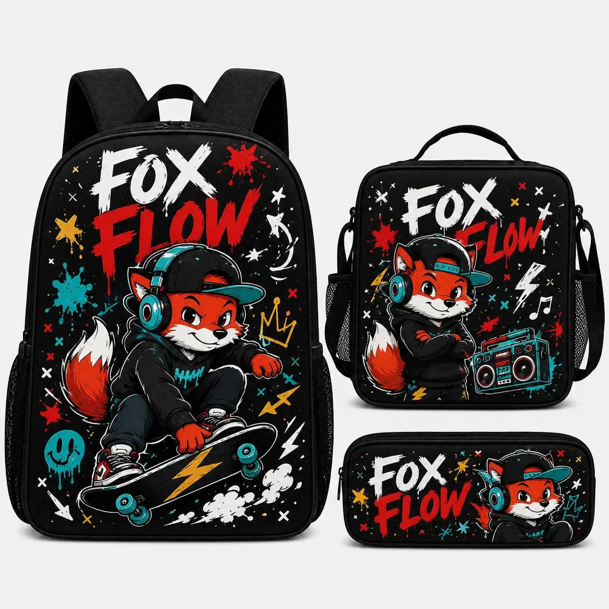 Fox Flow 3-Piece Backpack Set (Backpack, Insulated Lunch Bag, Pencil Case) – Ideal for School and Commuting