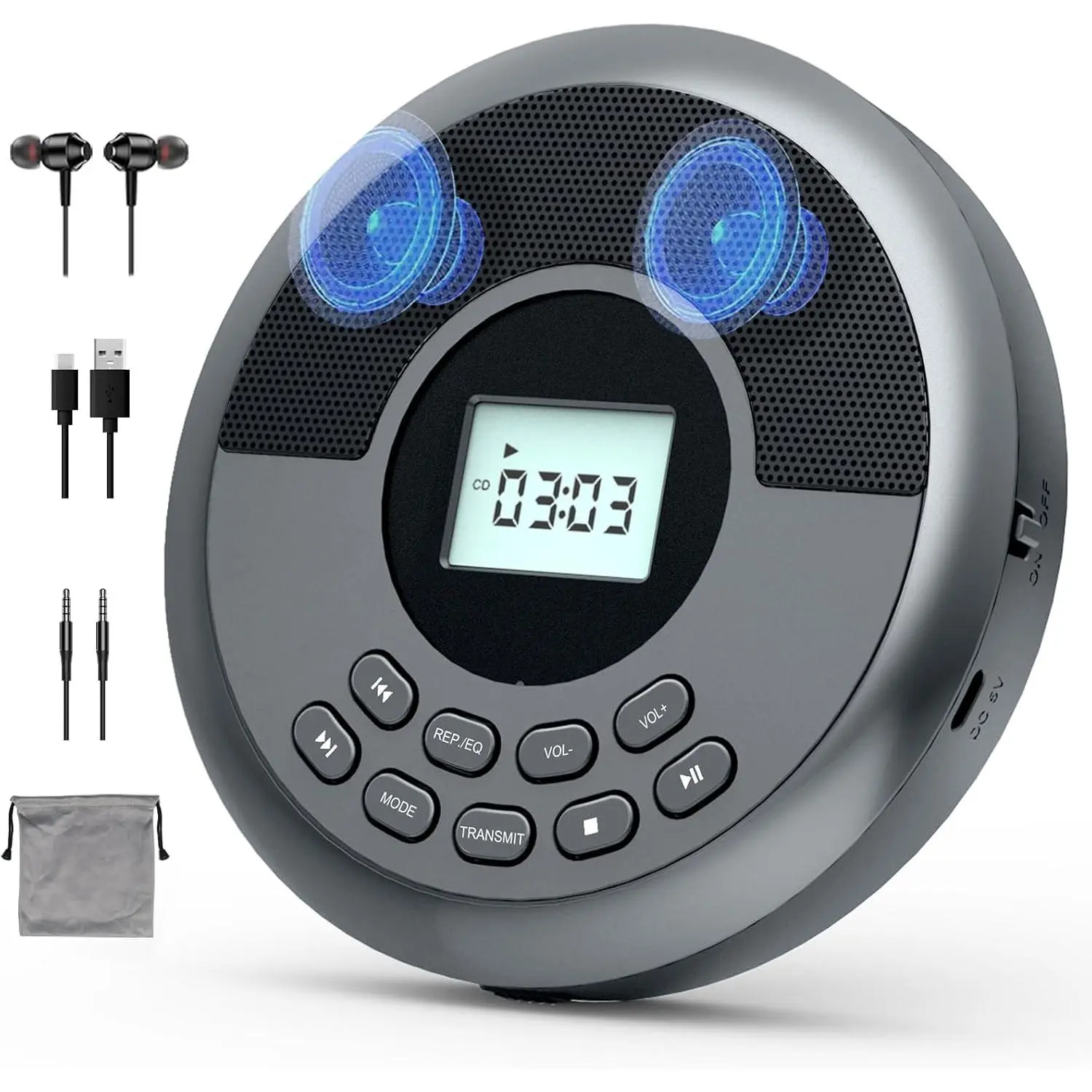 Portable CD Player  with Speakers & Headphones | Rechargeable Discman, Anti-Skip, CD/MP3/USB,  Transmit/AUX  Connection/Personal/Travel//Audiobooks