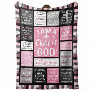 60x50 Inch Pink Patchwork I Am A Child Of God Bible Verse Cross Christian Flannel Throw Blanket, Anti Pilling Hypoallergenic Ultra Soft Wrinkle Resistant No Shed Foldable Plush Blanket, Inspirational Religious Faith Decor Gift for Christian Women Girls