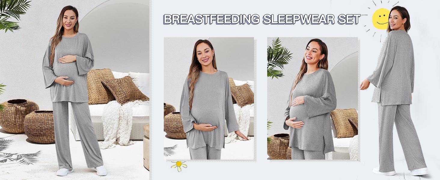 Danedvi Womens Maternity Pajamas Sets 2 Piece Outfits Long Sleeve Tops and Pregnancy Loungewear Mama Clothes with Pockets Plus Size