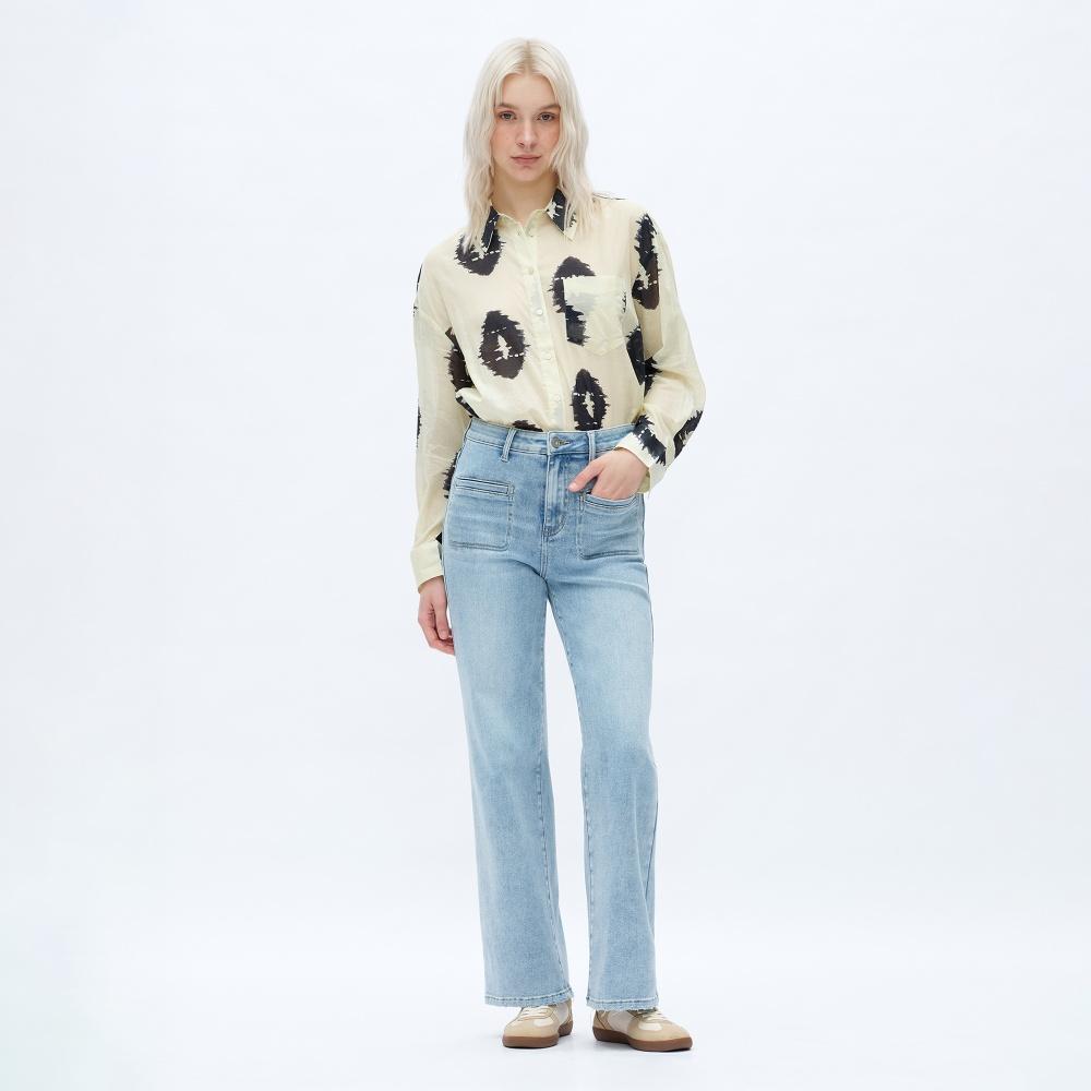 Women’s Retro Medium Wash High-Waisted Wide-Leg Jeans, Straight Fit Denim Trousers with Patch Pockets, Casual All-Season Streetwear m&m