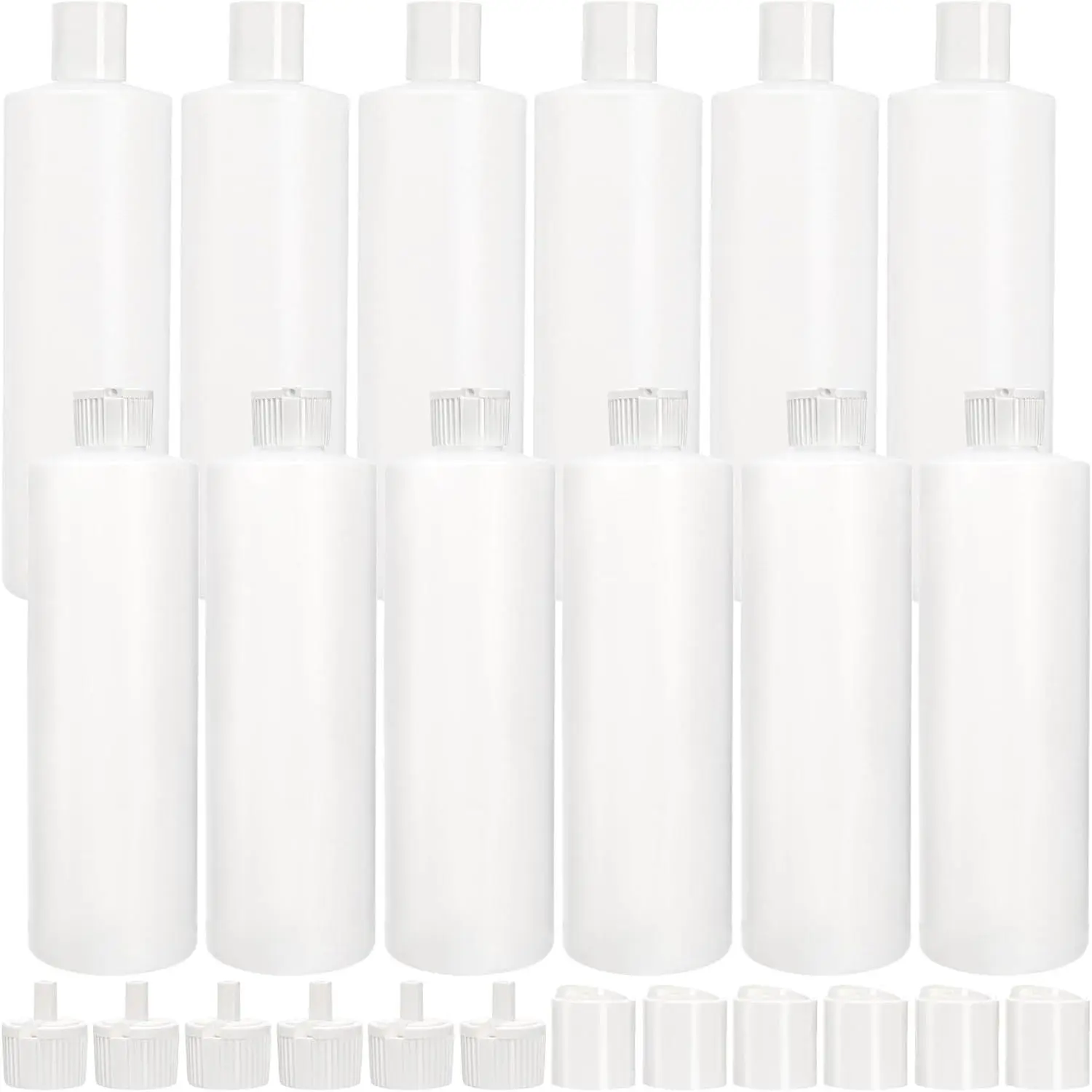 12 Pack 16oz Squeeze Bottle with 24 Caps in 2 Styles, Refillable for Shampoo, Lotions, Liquid Body Wash, Sauce, BPA Free
