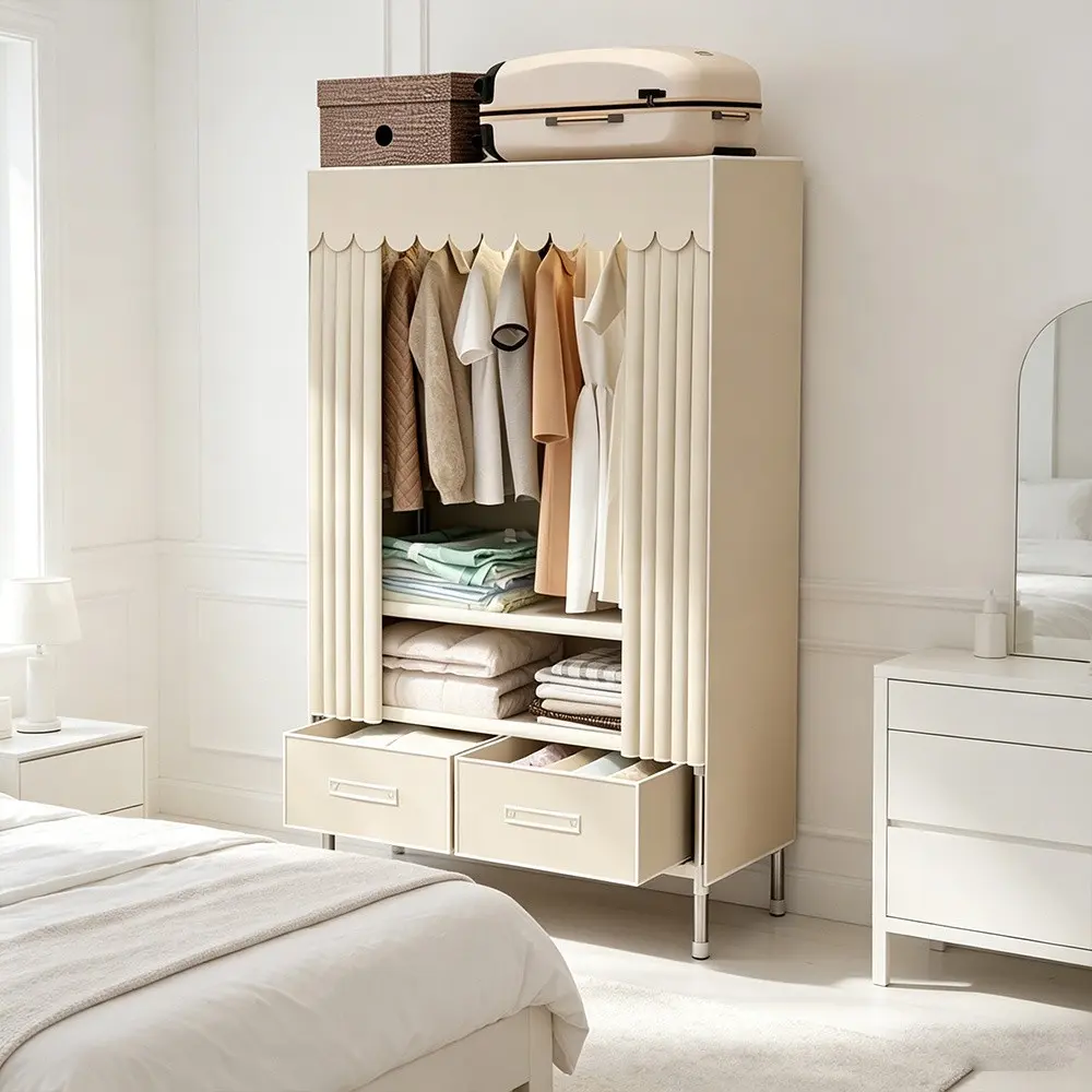 Fabric Wardrobe, Luxury Cream Style Integrated Combined Structure, Reinforced Stable Frame, Dual Drawer Divided Storage, Open Hanging Space, Thickened Fabric Cover Curtain, Layered Classified Organization, Portable Closets