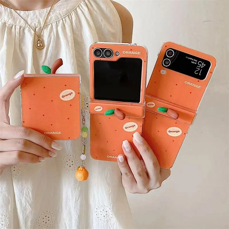 Korean  Orange   Smartphone Flip Cover, Multi-Model Hard Cellphone Accessories with Charm Hinge Protection for Samsung Galaxy Z Flip 3-7 Devices, Protective