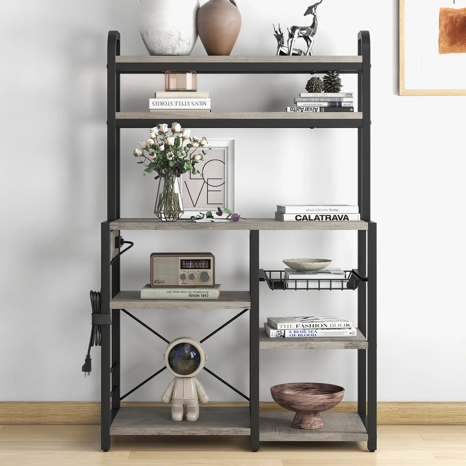 Garvee 6-Tier Kitchen Bookshelf – Bakers Rack with Power Outlets, Storage Cabinet, Coffee Bar Station, Microwave Stand, Open Shelves, Rustic Brown