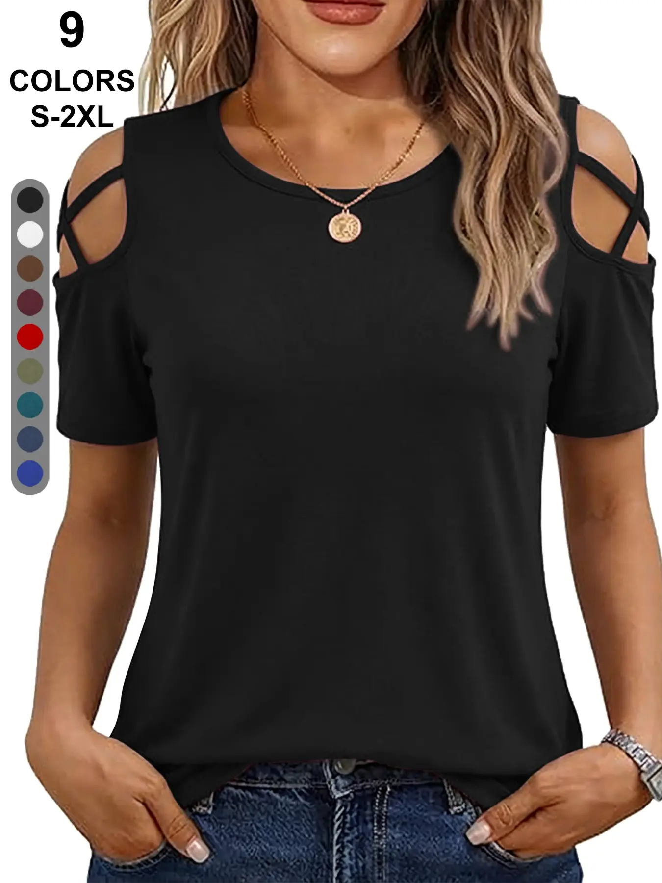 Women's Plain Short Sleeve Off-Shoulder Tie Fitted Top Blouse Shirts, Sexy Style, Pure Color, Perfect for Casual Wear, Comfortable and Stylish, Womenswear
