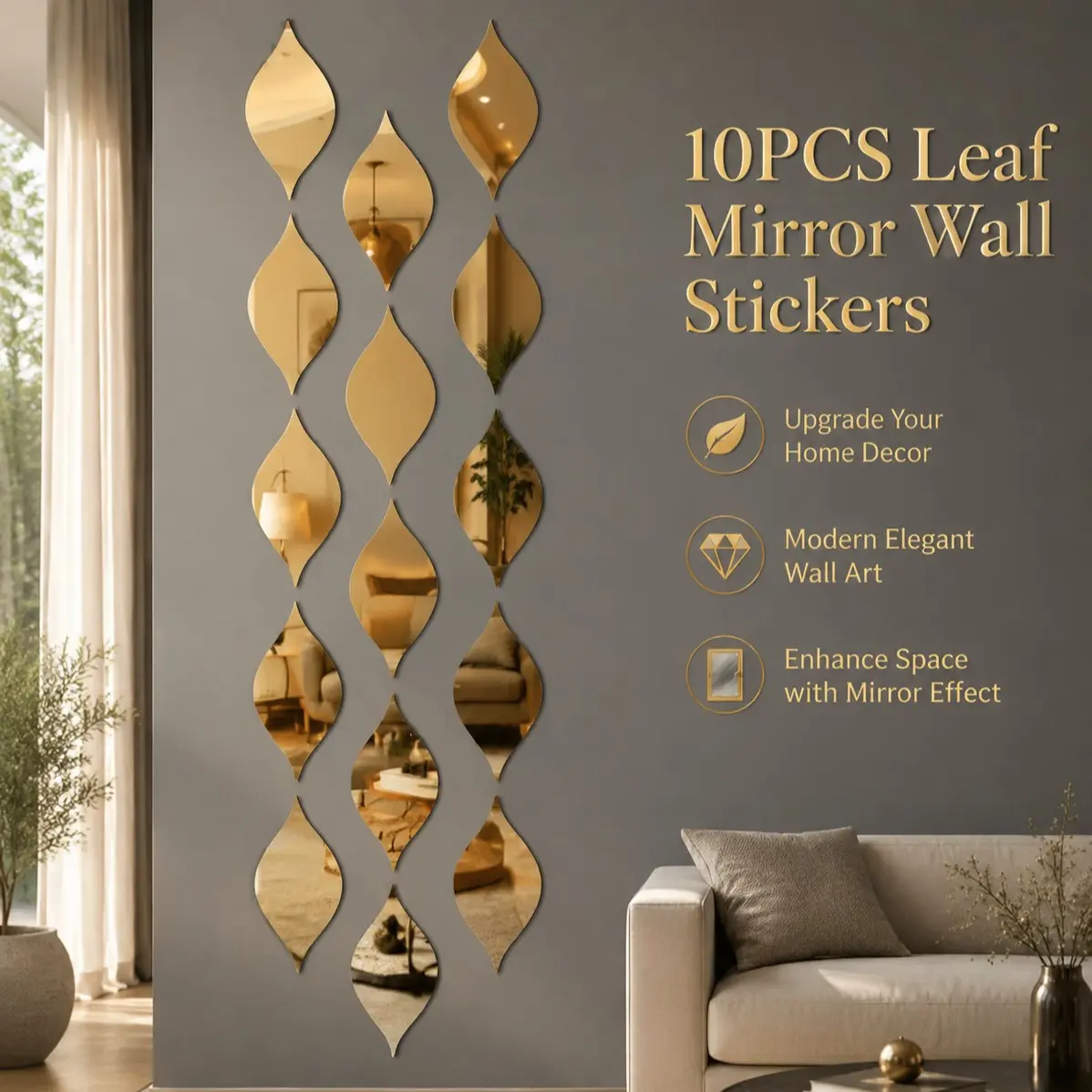 Set of 10 Leaf-Shaped Mirror Wall Stickers, Wall Decal, 15 x 8 cm, 1 mm Thick Plastic Home Decor, Decorative Stylish Reflective PS Mirrors for Modern Interiors, Golden Wall Decoration, Living Room Wall Decor