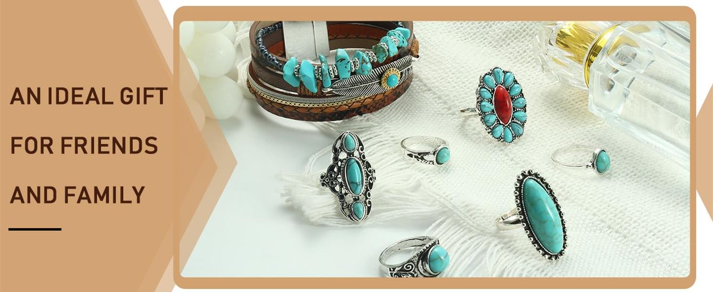 Fashionable  Western Jewelry for Women Bohemian，Exquisite Turquoise Jewelry Set , Turquoise Faux Leather Cuff Bracelet, Necklace&Earrings &Rings